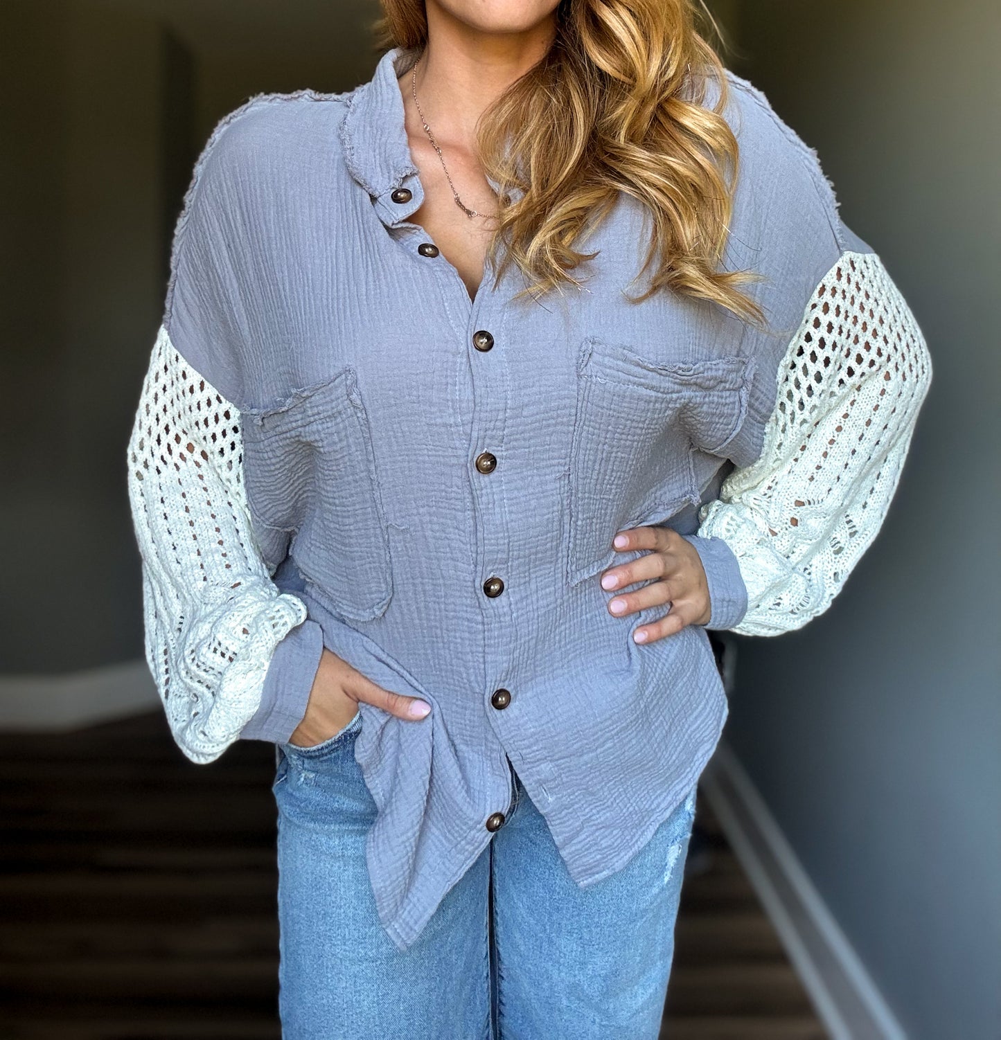 Blue Skies Button Down with Lace Sleeves