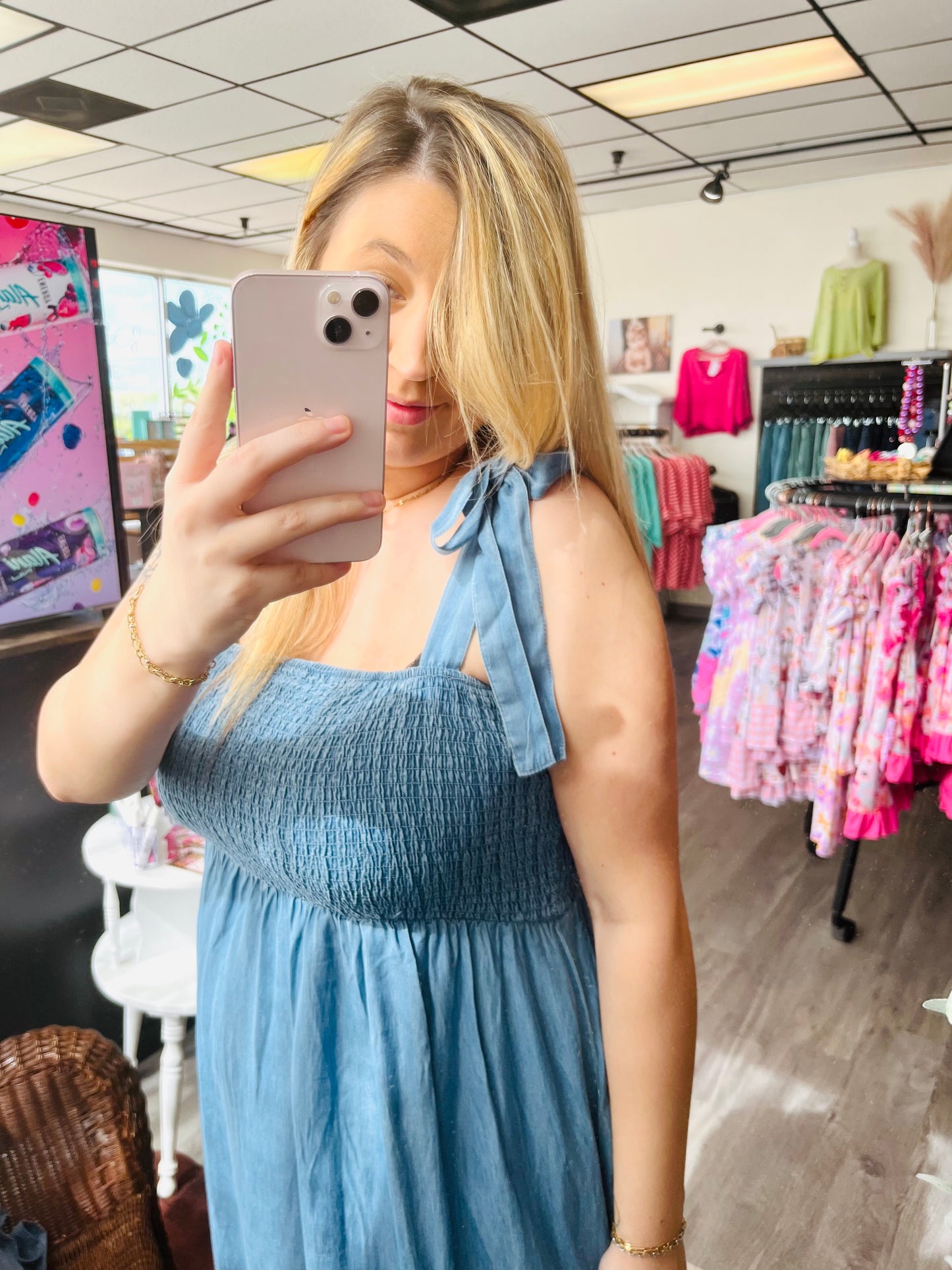 Chambray Smocked Tie Strap Maxi Dress