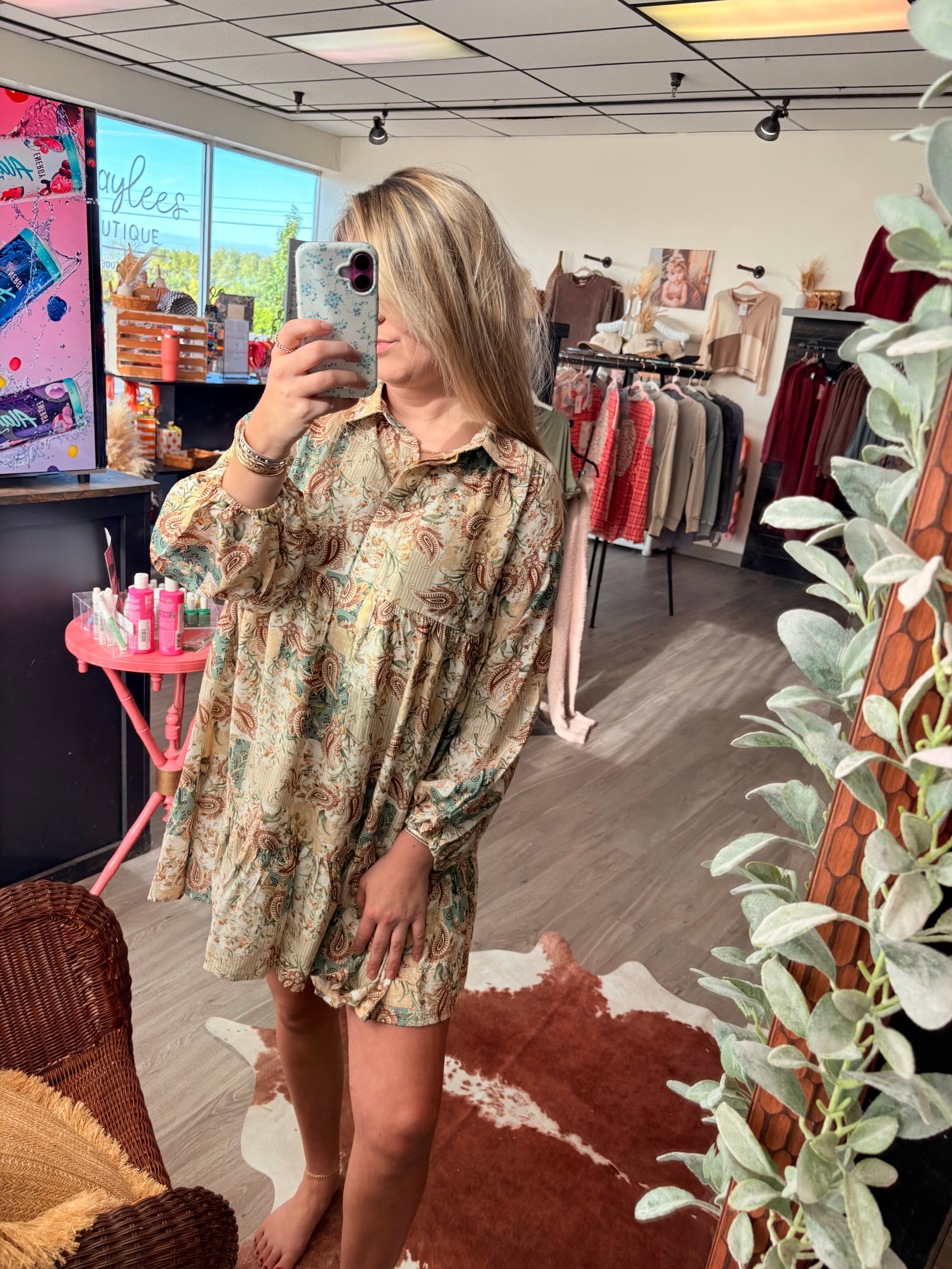 Floral Paisley Half Button Dress ~ Butterscotch/Ginger