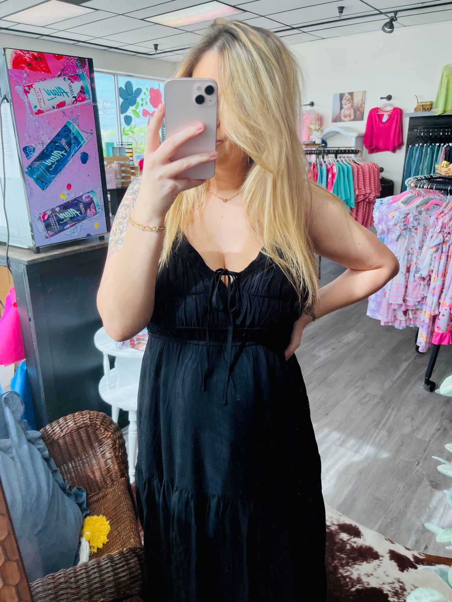 Shirred Waist Midi Dress with Front Tie