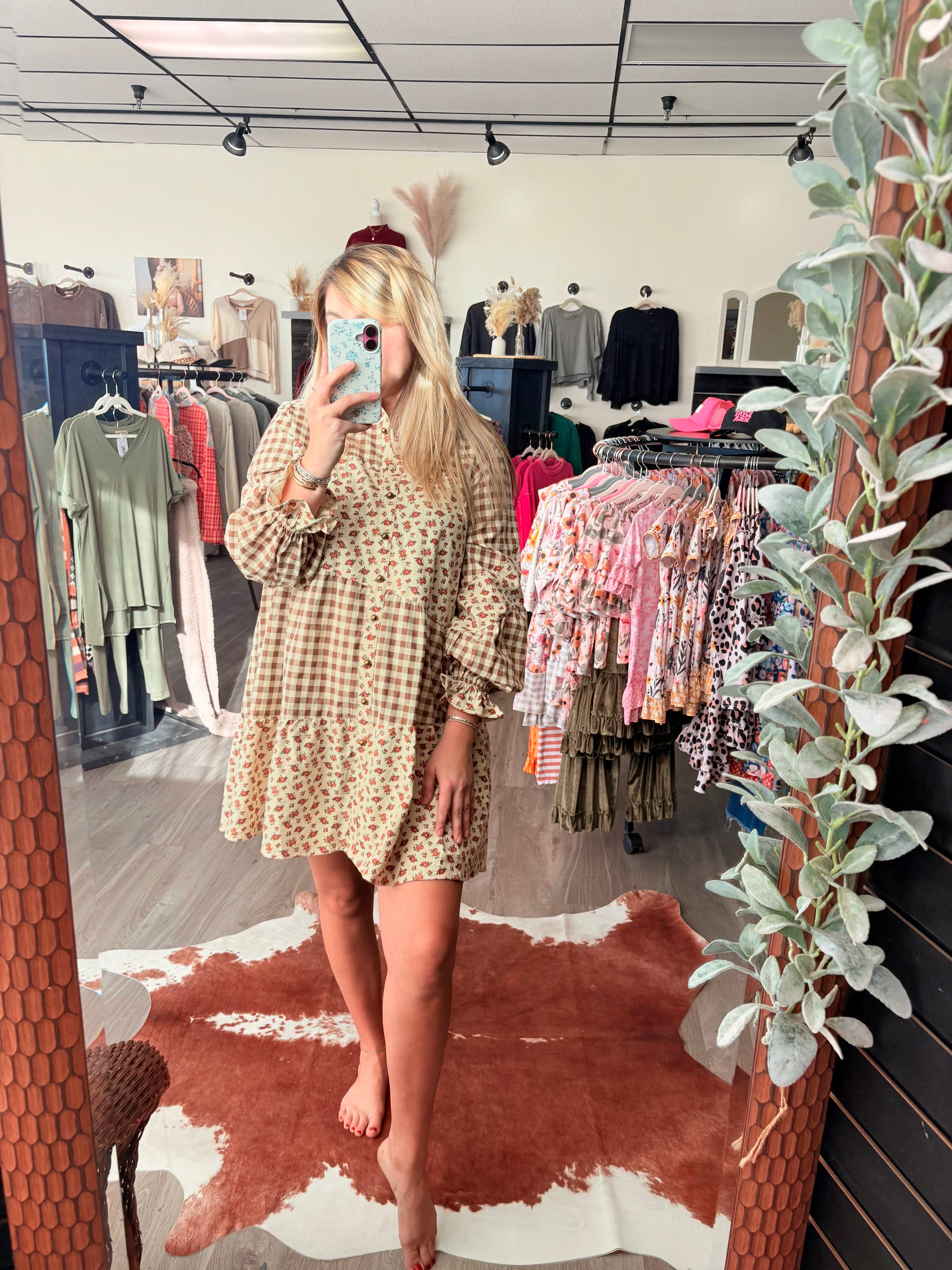 Button Down Floral Tier Dress~ Mocha