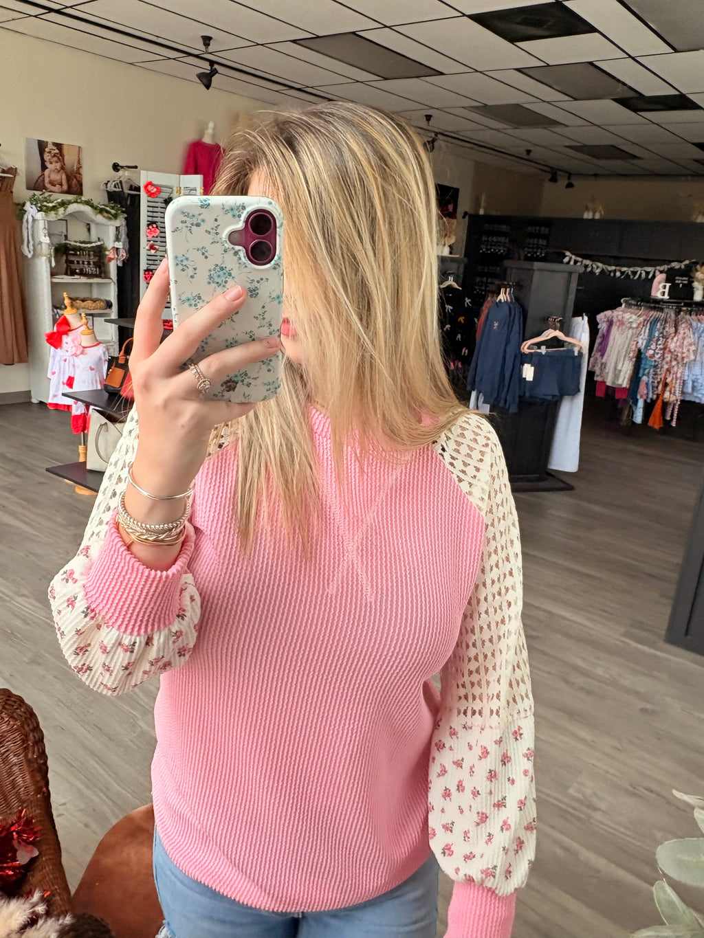 Blush & Bloom Crochet Sleeve Pullover