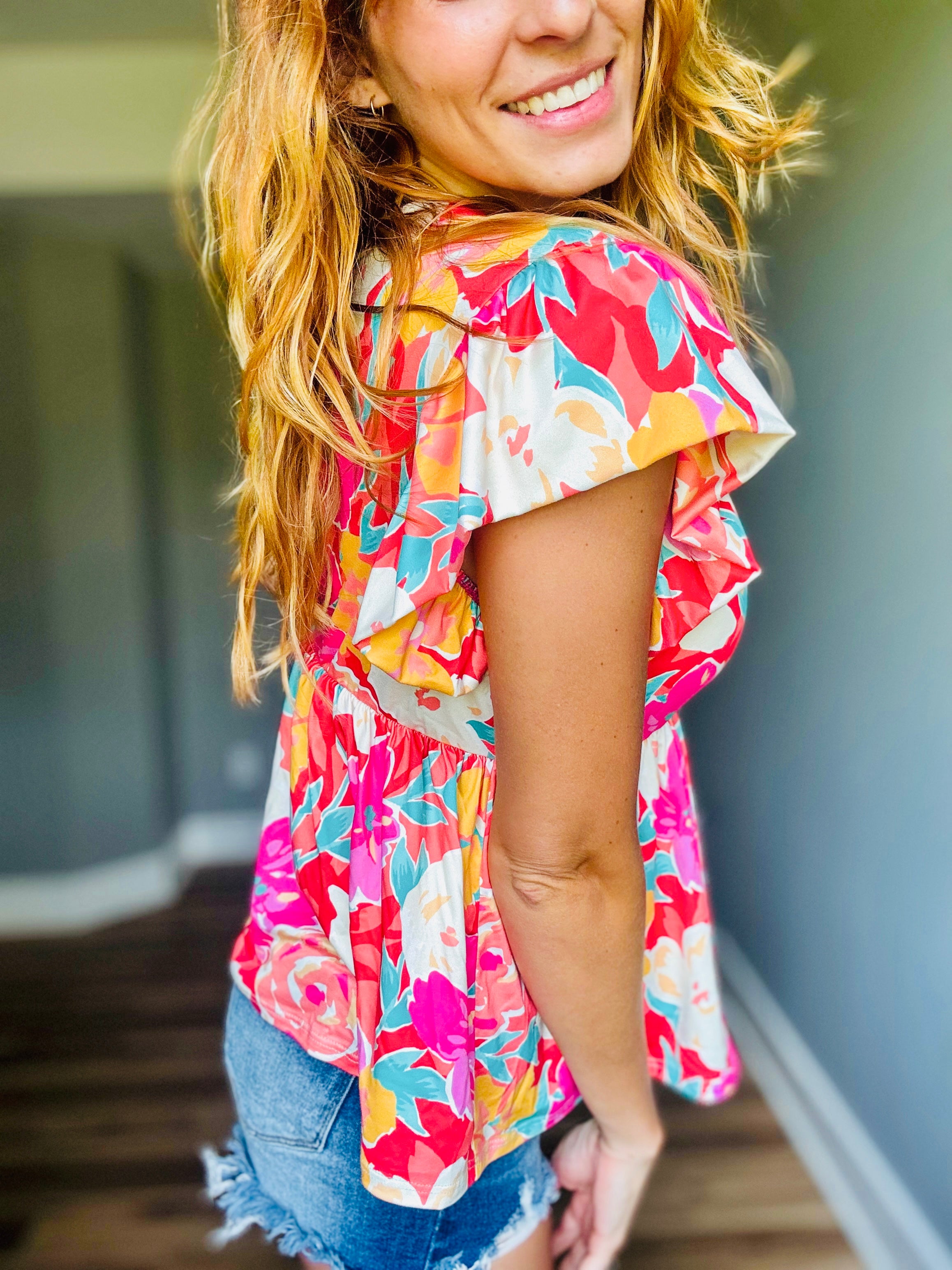 Coral Babydoll Floral Top W/ Folded Ruffle Sleeve