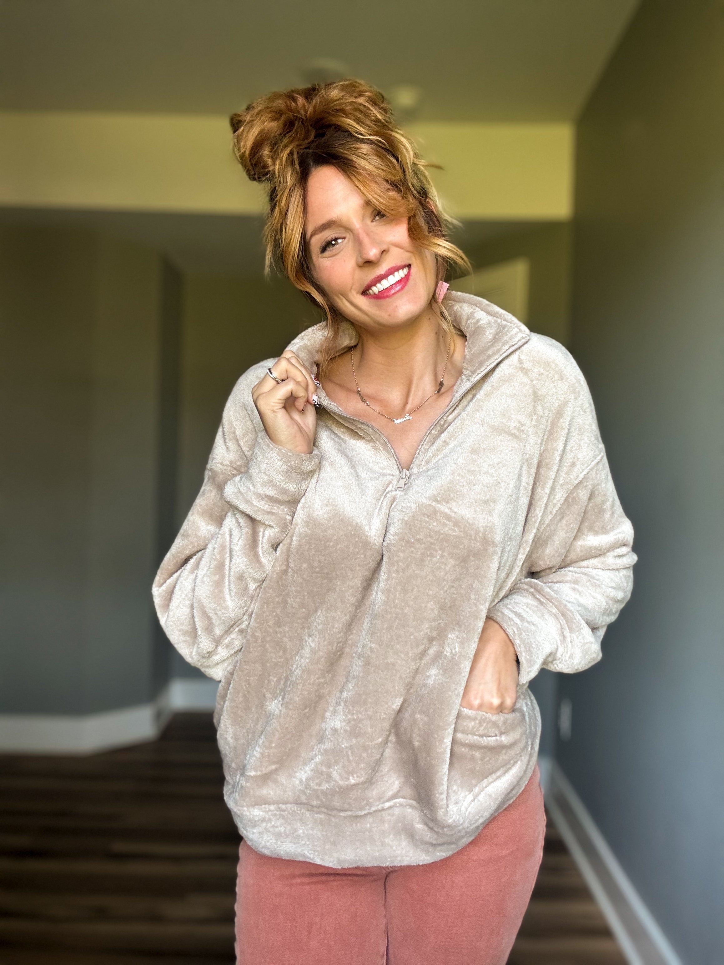 Ash Mocha Soft Half Zip Pullover with Pockets
