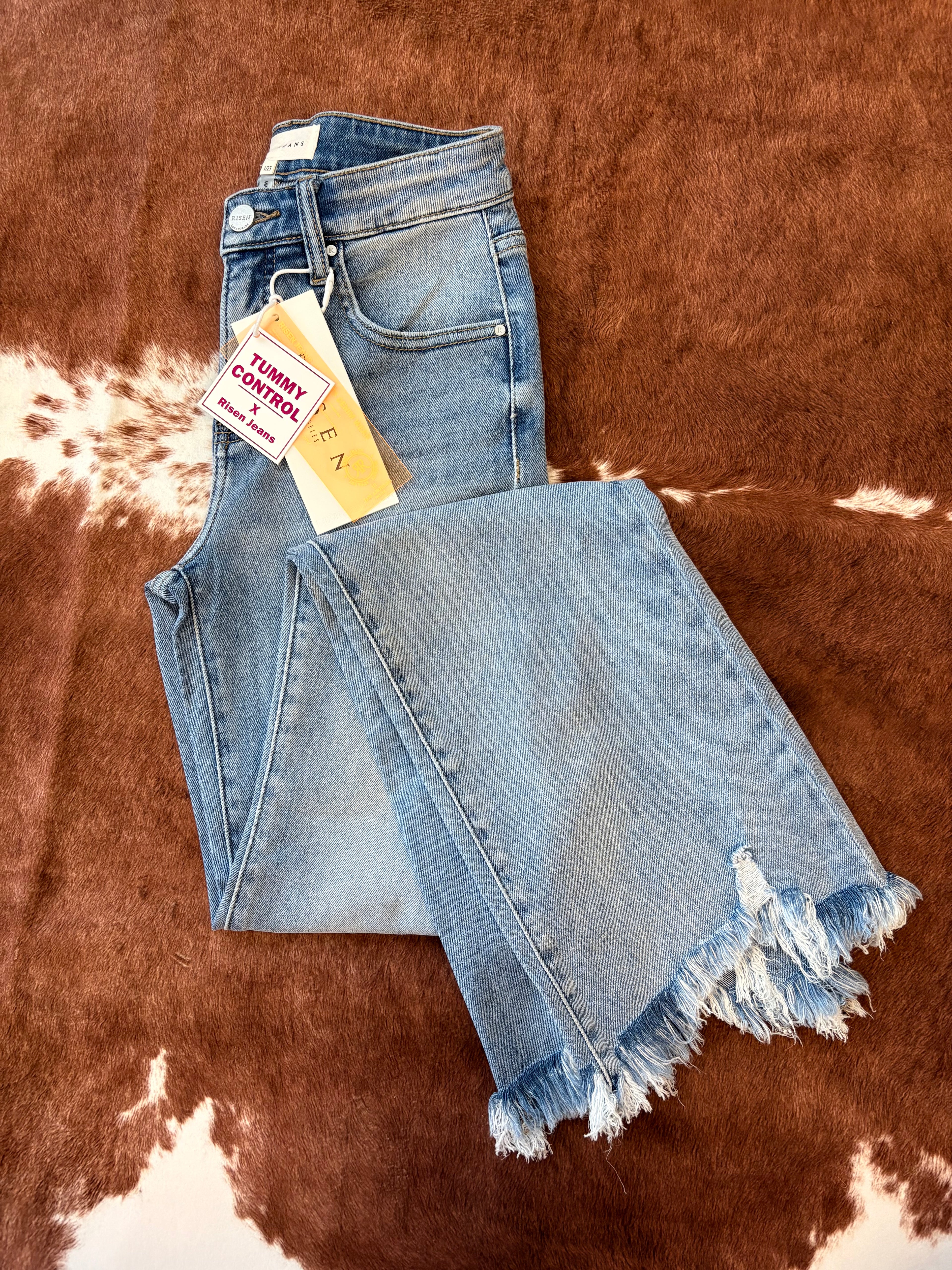 Risen Tummy Control Flare Jeans~ Fray Hem