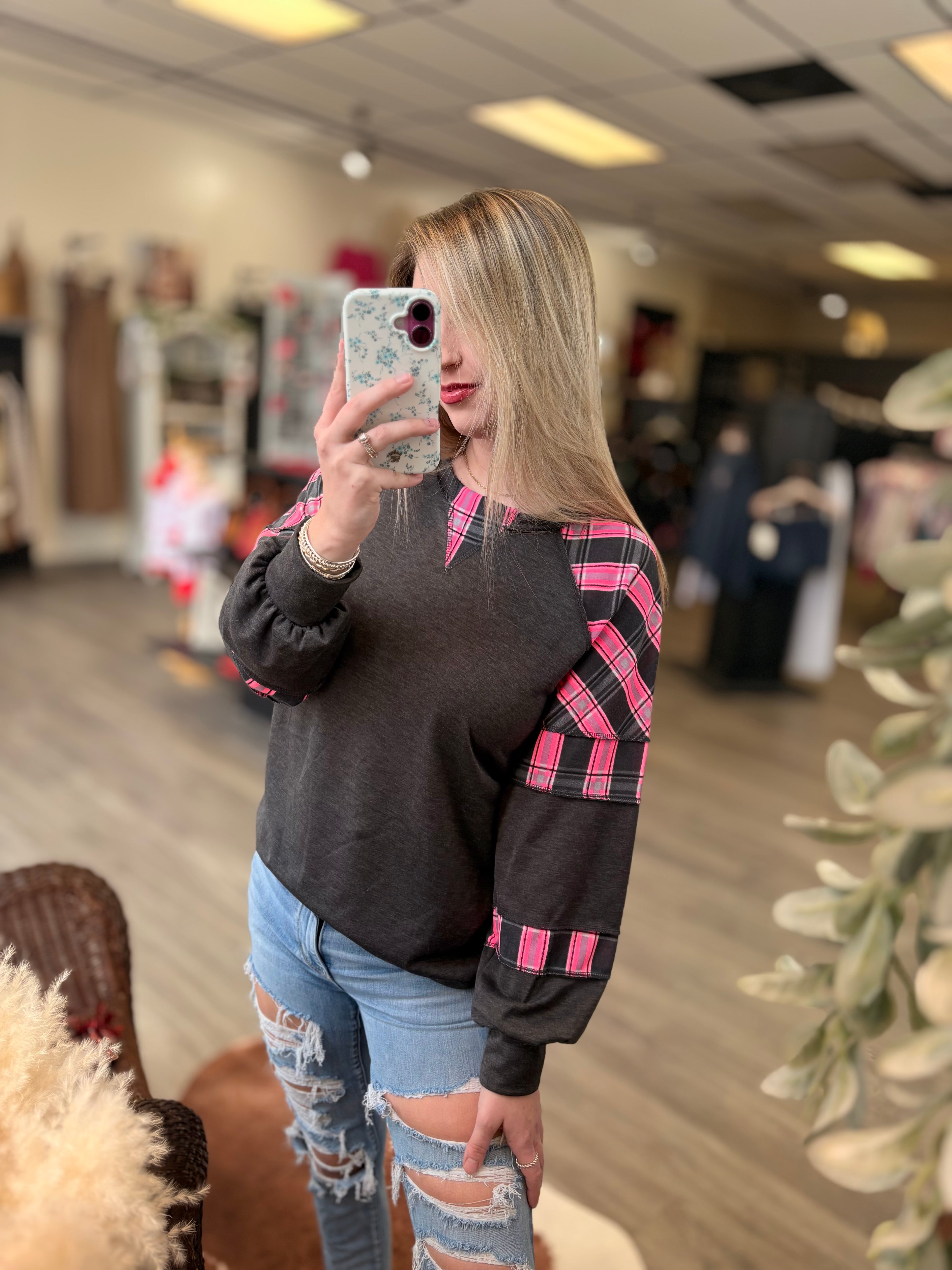 Pink Plaid Contrast Top