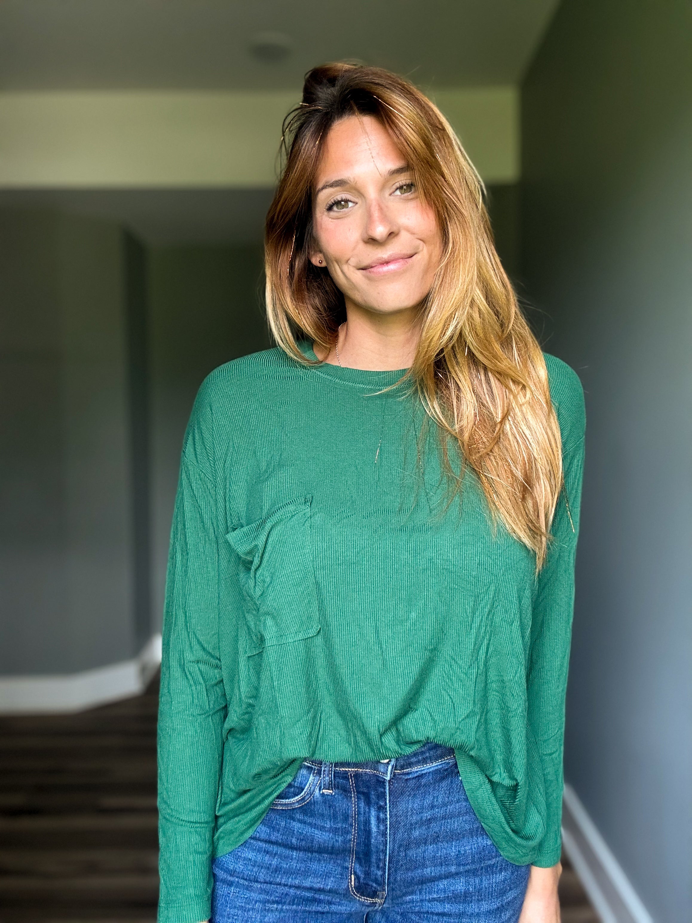 Ribbed Dolman Sleeve Top- Dark Green