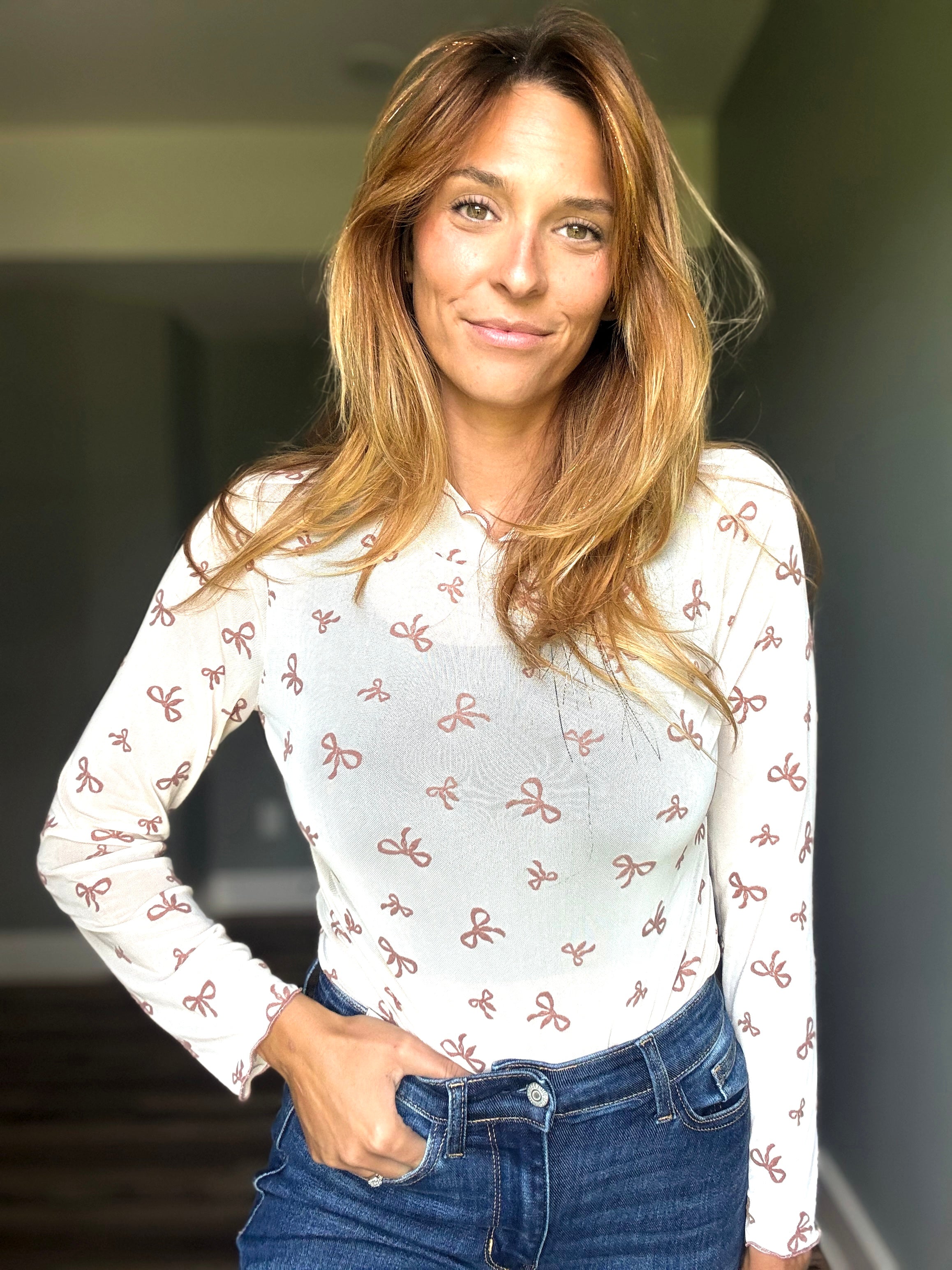 Ribbon Mesh Top- Cream/Taupe