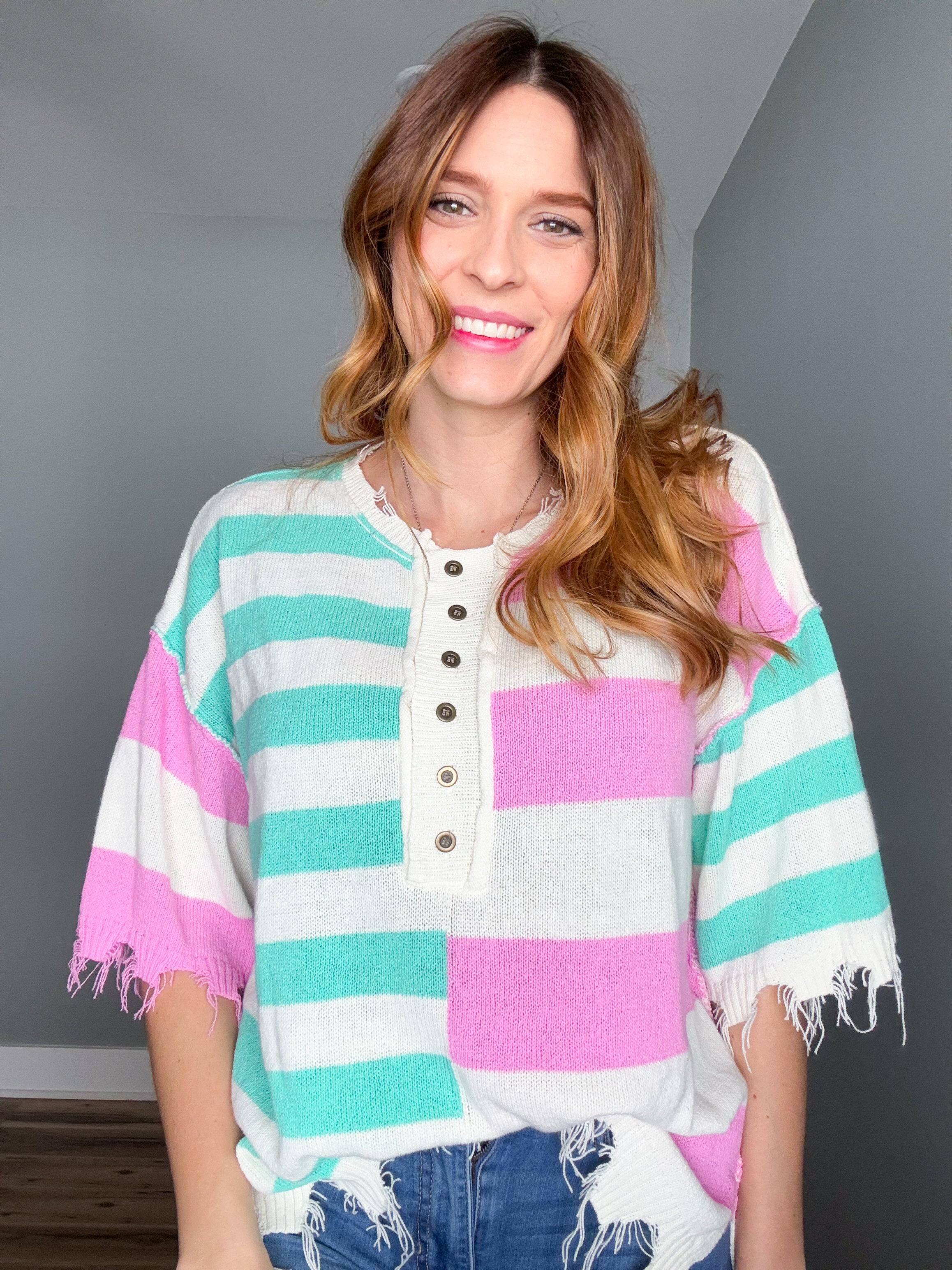 Short Sleeve Stripe Knit Sweater
