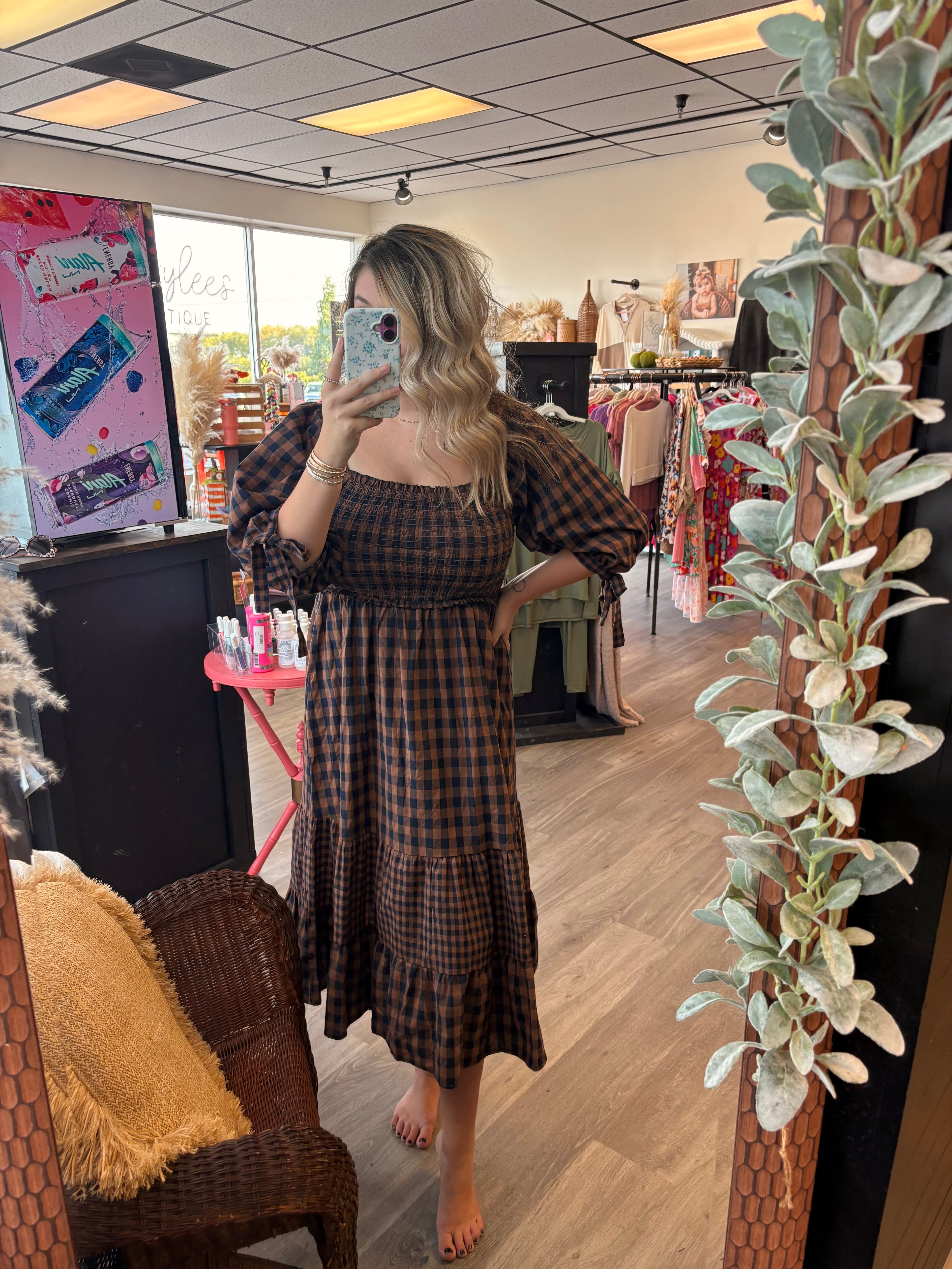 Checker Plaid Smocking Detailed Dress