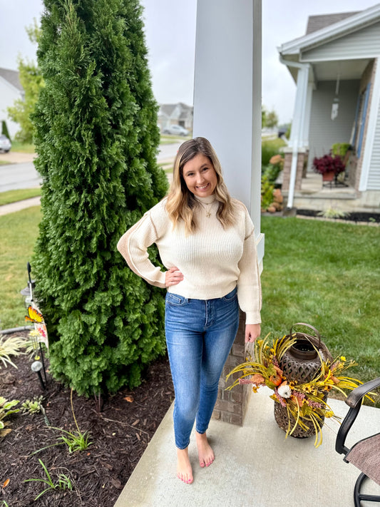 Colorblock Mock Neck Sweater- Ivory