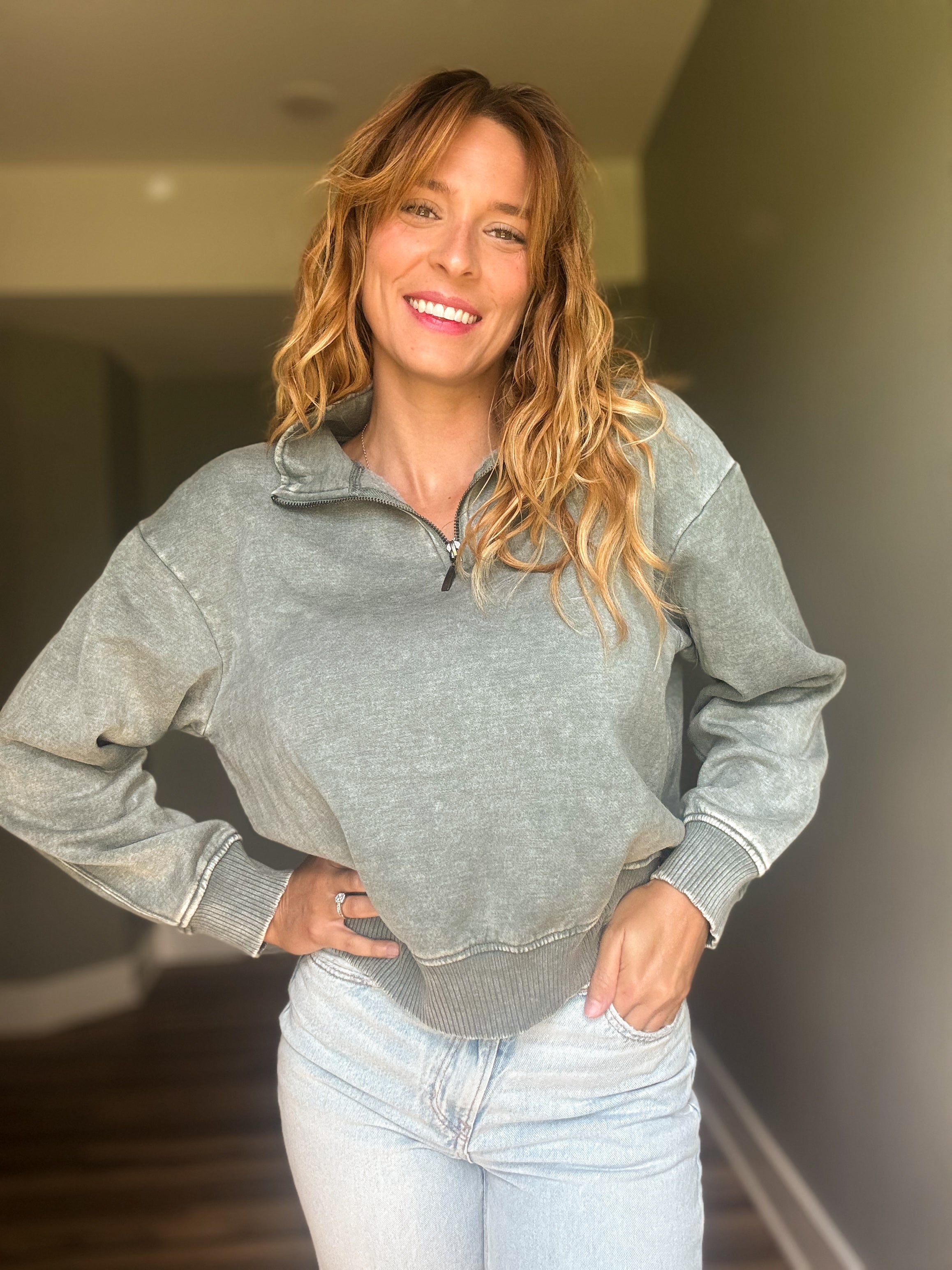 Ash Jade Acid Wash Fleece Half Zip Pullover