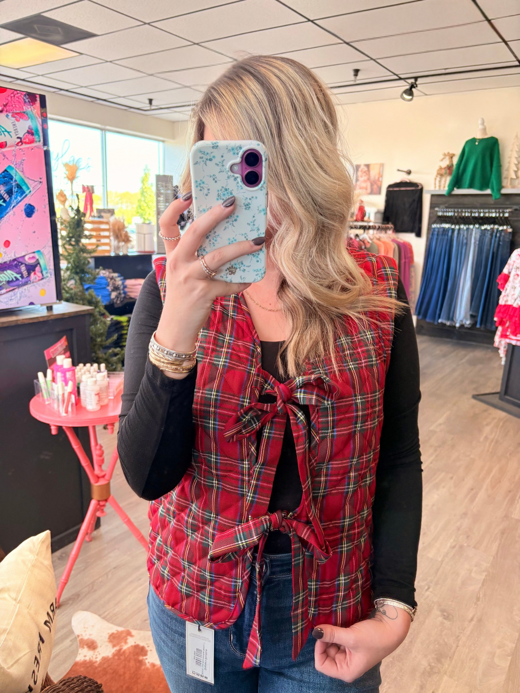 Quilted Check Ribbon Tie Vest