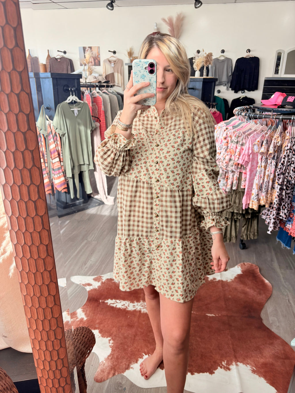 Button Down Floral Tier Dress~ Mocha
