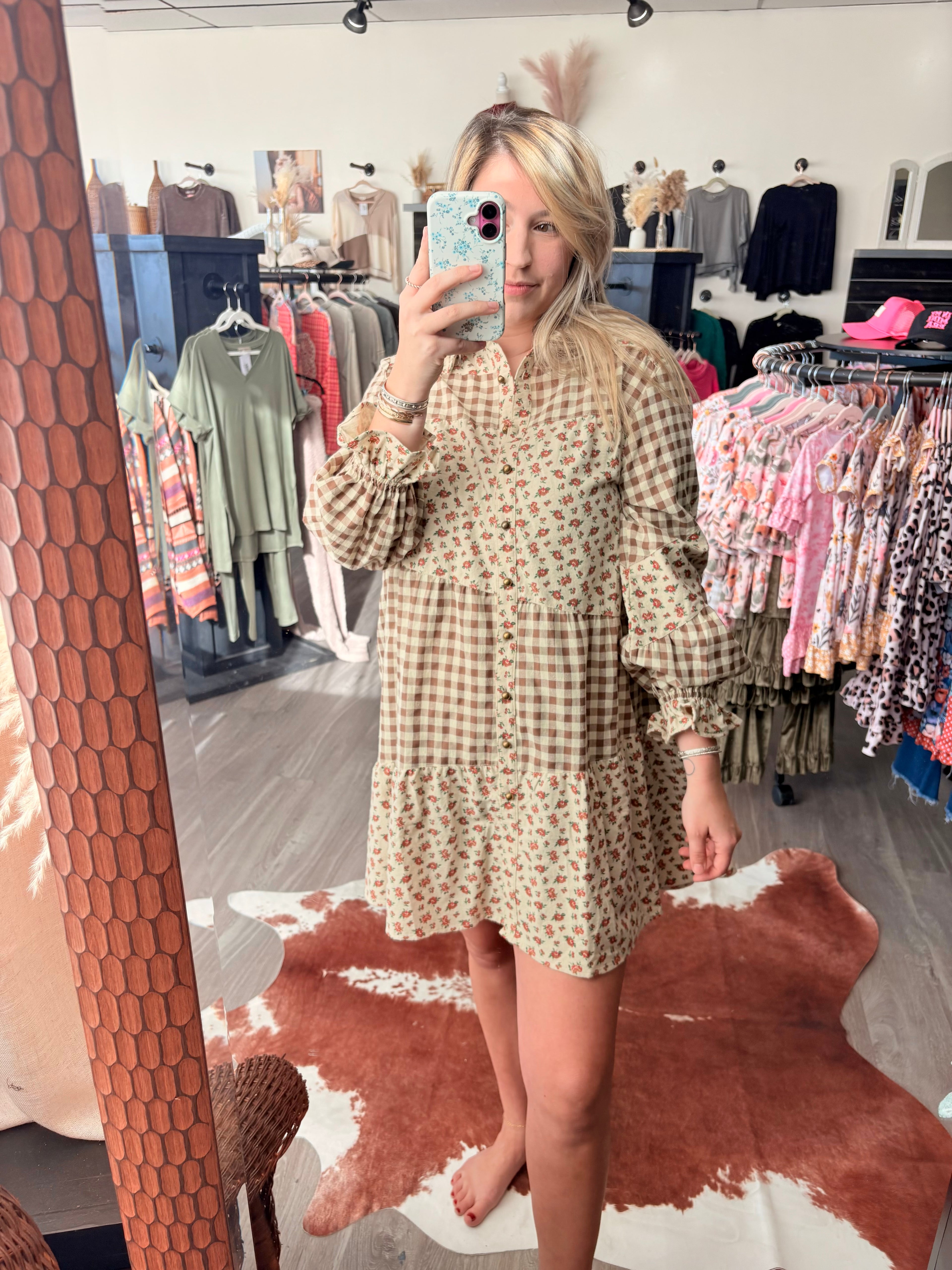 Button Down Floral Tier Dress~ Mocha
