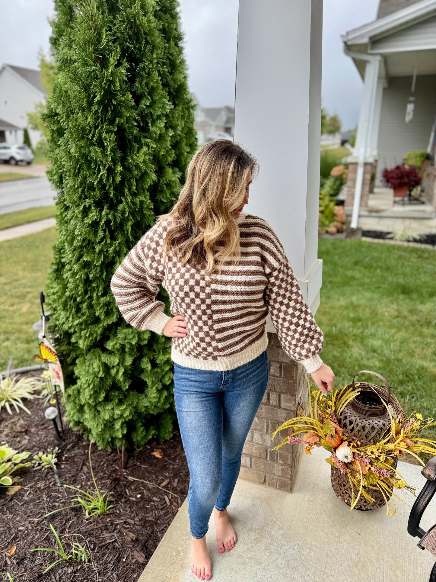 Stripes and Checks Sweater- Mocha