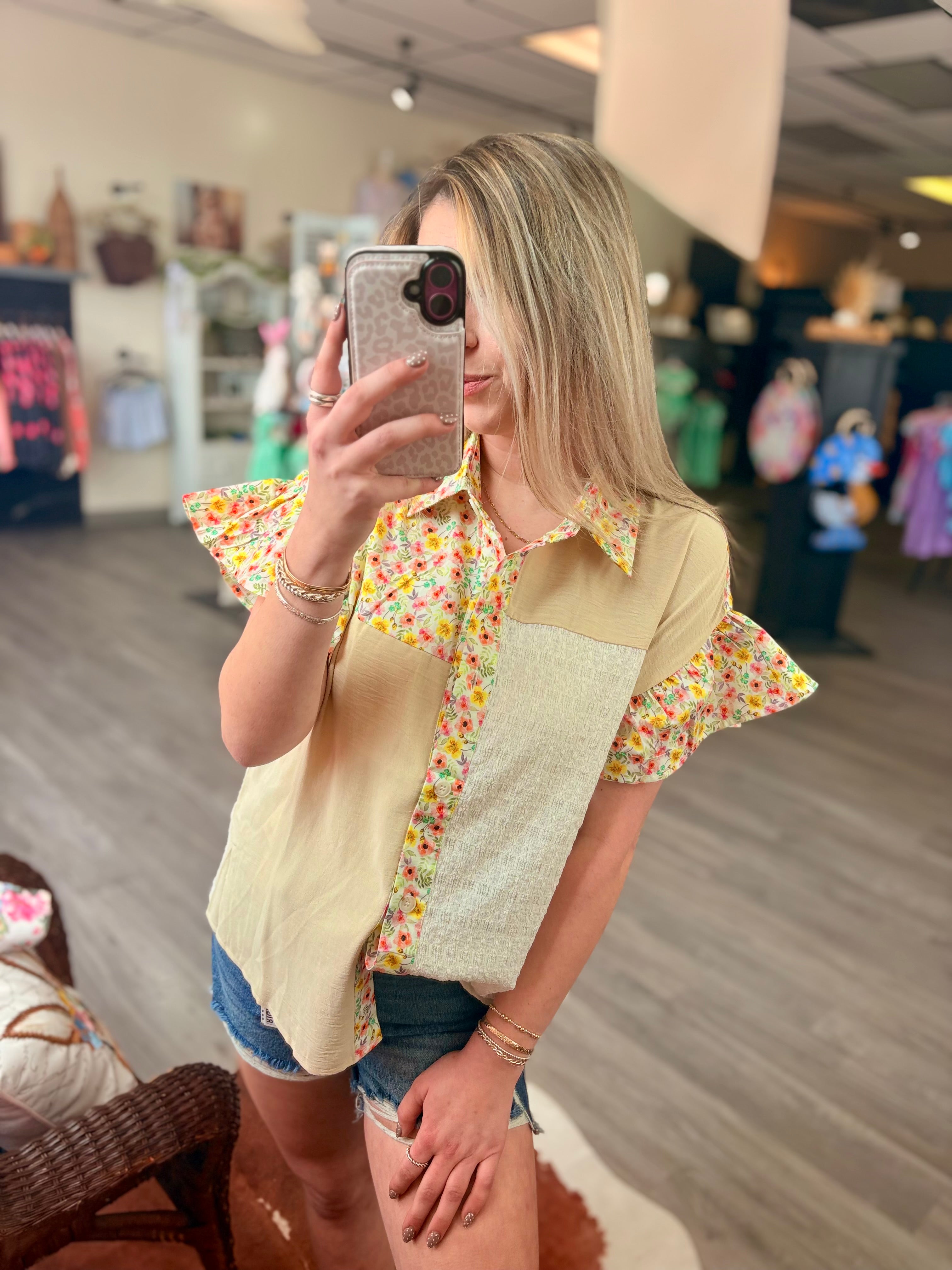 Cream Short Sleeve Button Down Top
