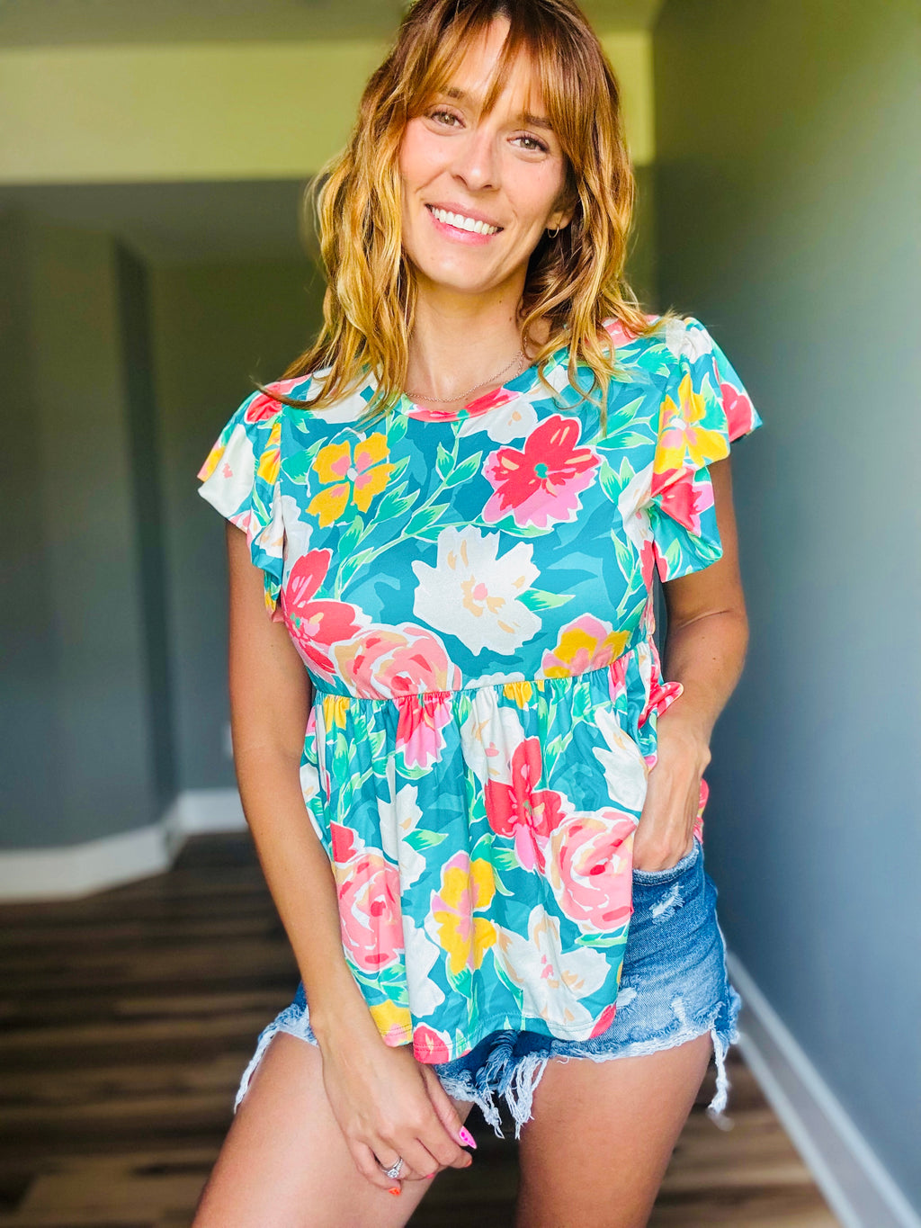 Mint Babydoll Floral Top W/ Folded Ruffle Sleeve