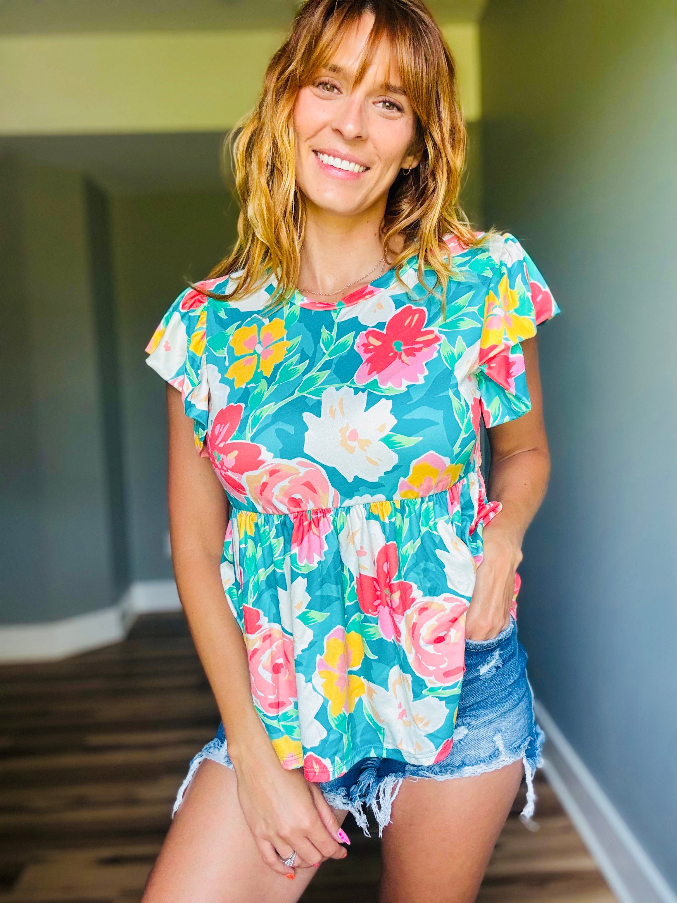 Mint Babydoll Floral Top W/ Folded Ruffle Sleeve