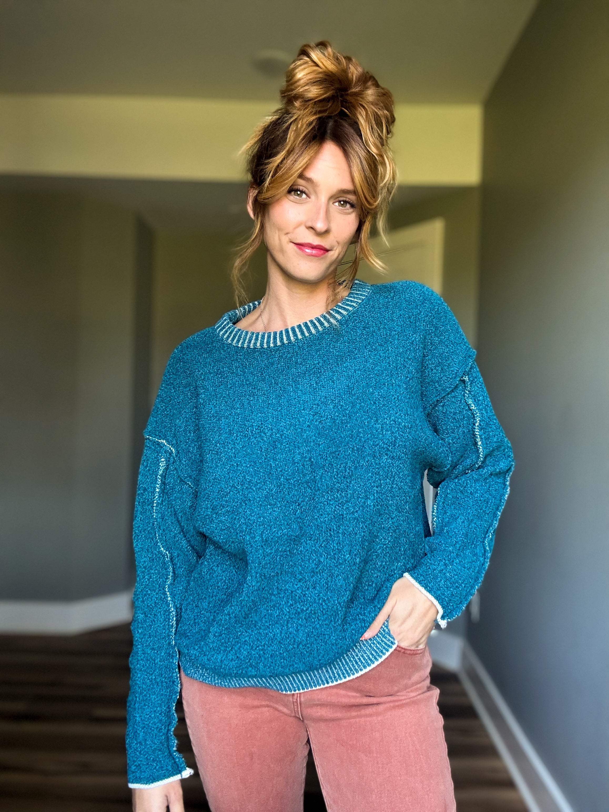 Exposed Seam Round Neck Sweater- Ocean Teal