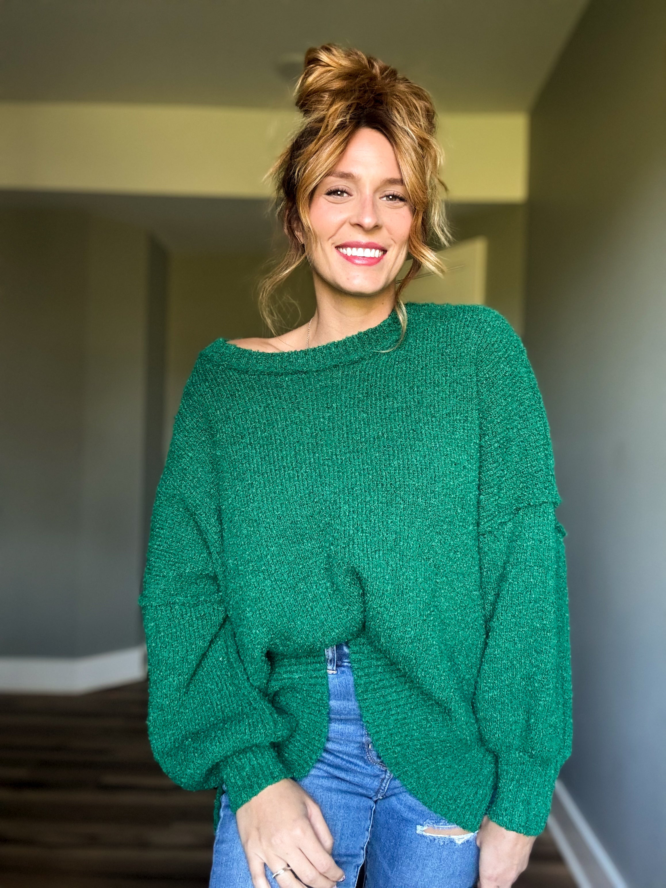 Long Sleeve Knit Sweater- Forest Green