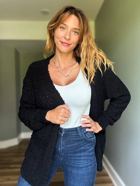 Black Popcorn Cardigan with Pockets
