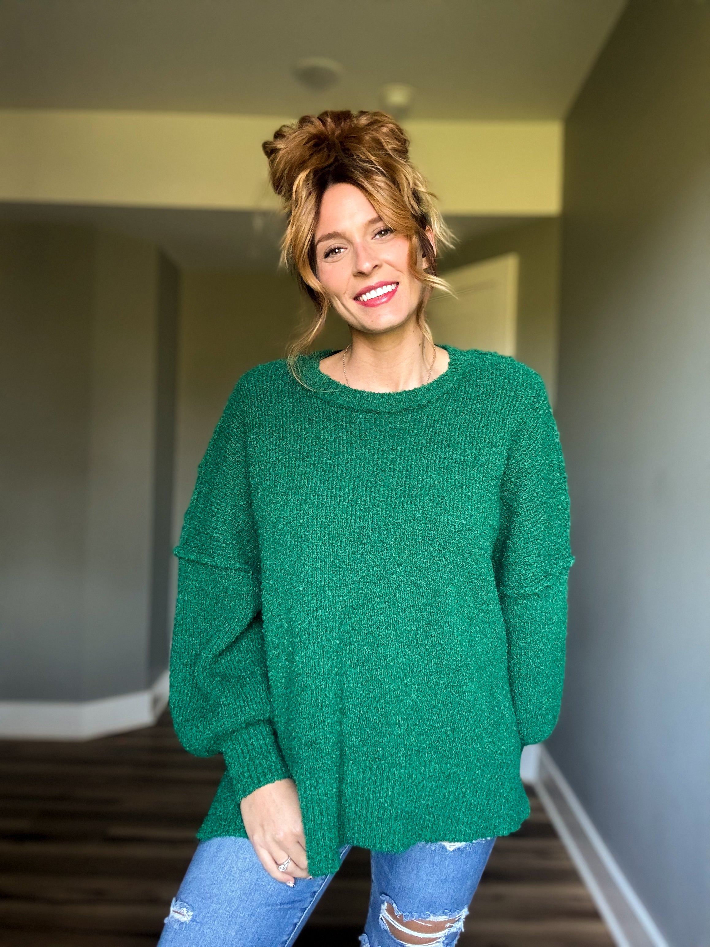 Long Sleeve Knit Sweater- Forest Green