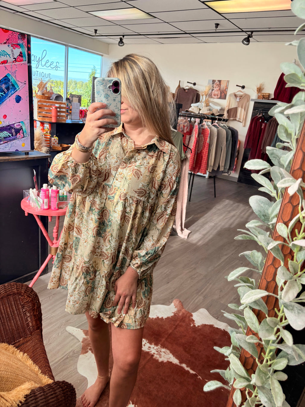 Floral Paisley Half Button Dress ~ Butterscotch/Ginger