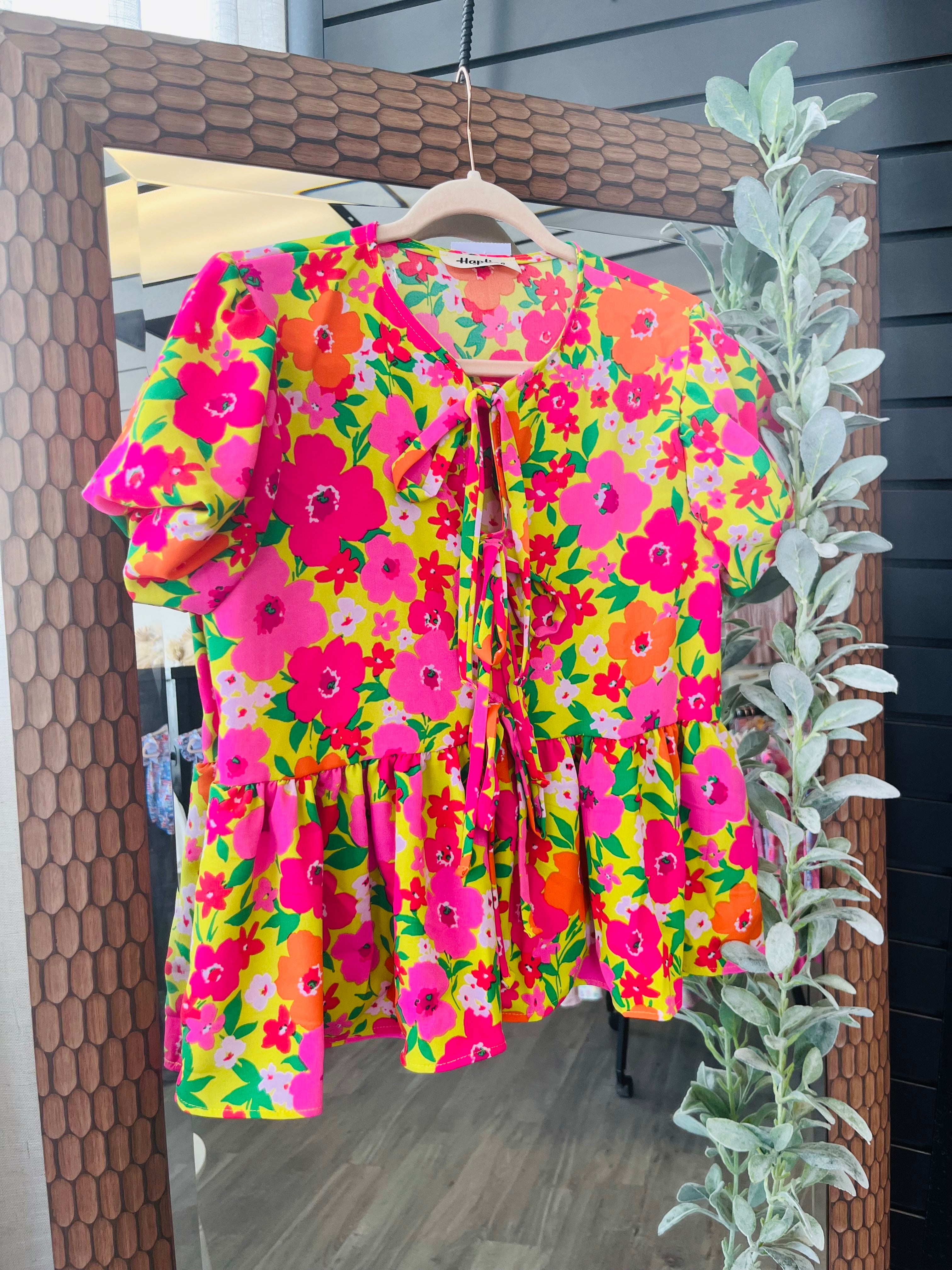 Floral Woven Blouse W/ Front Ribbon Bow Tie