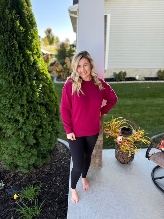 Fleece Round Neck Sweatshirt- Cabernet