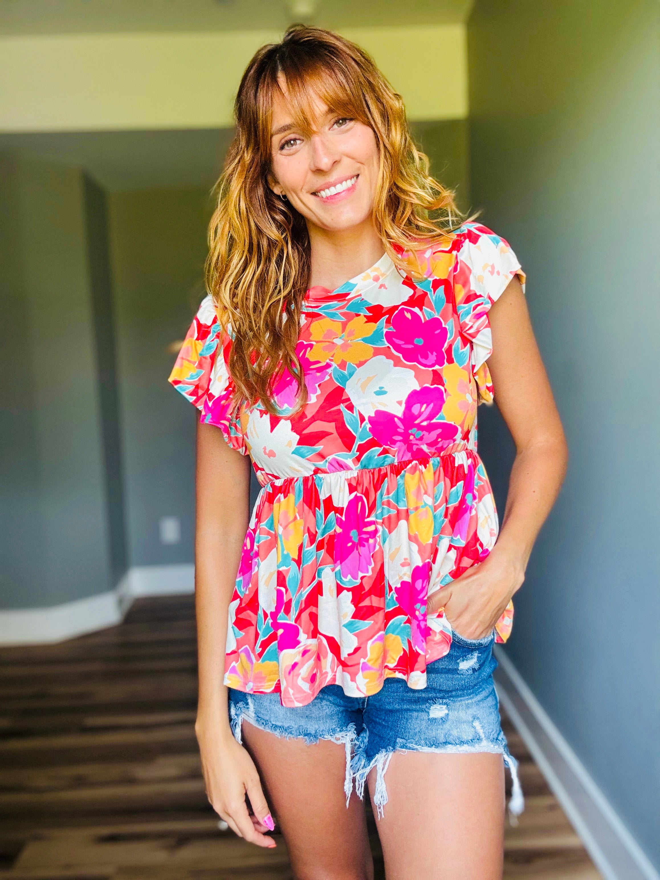 Coral Babydoll Floral Top W/ Folded Ruffle Sleeve