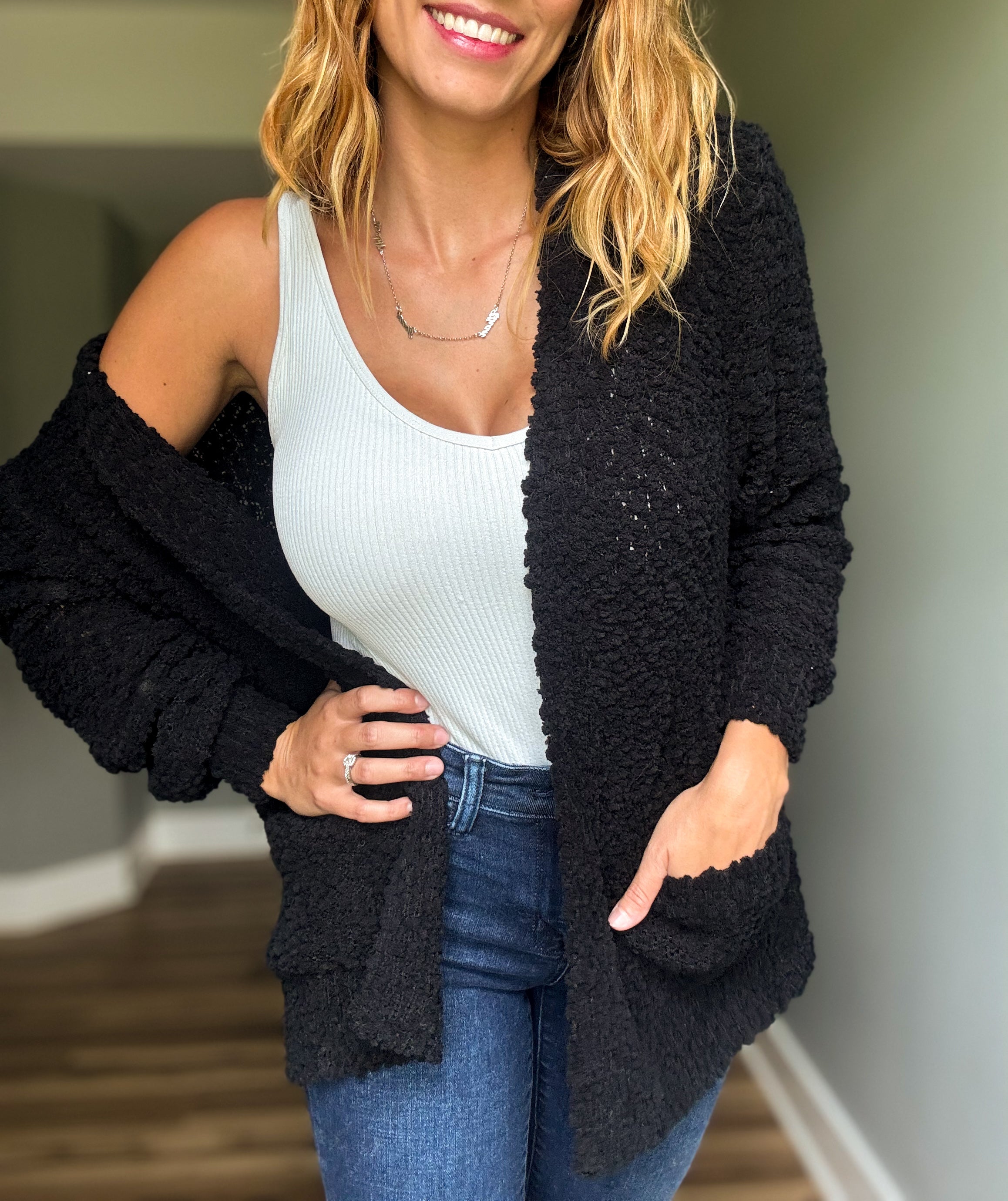 Black Popcorn Cardigan with Pockets