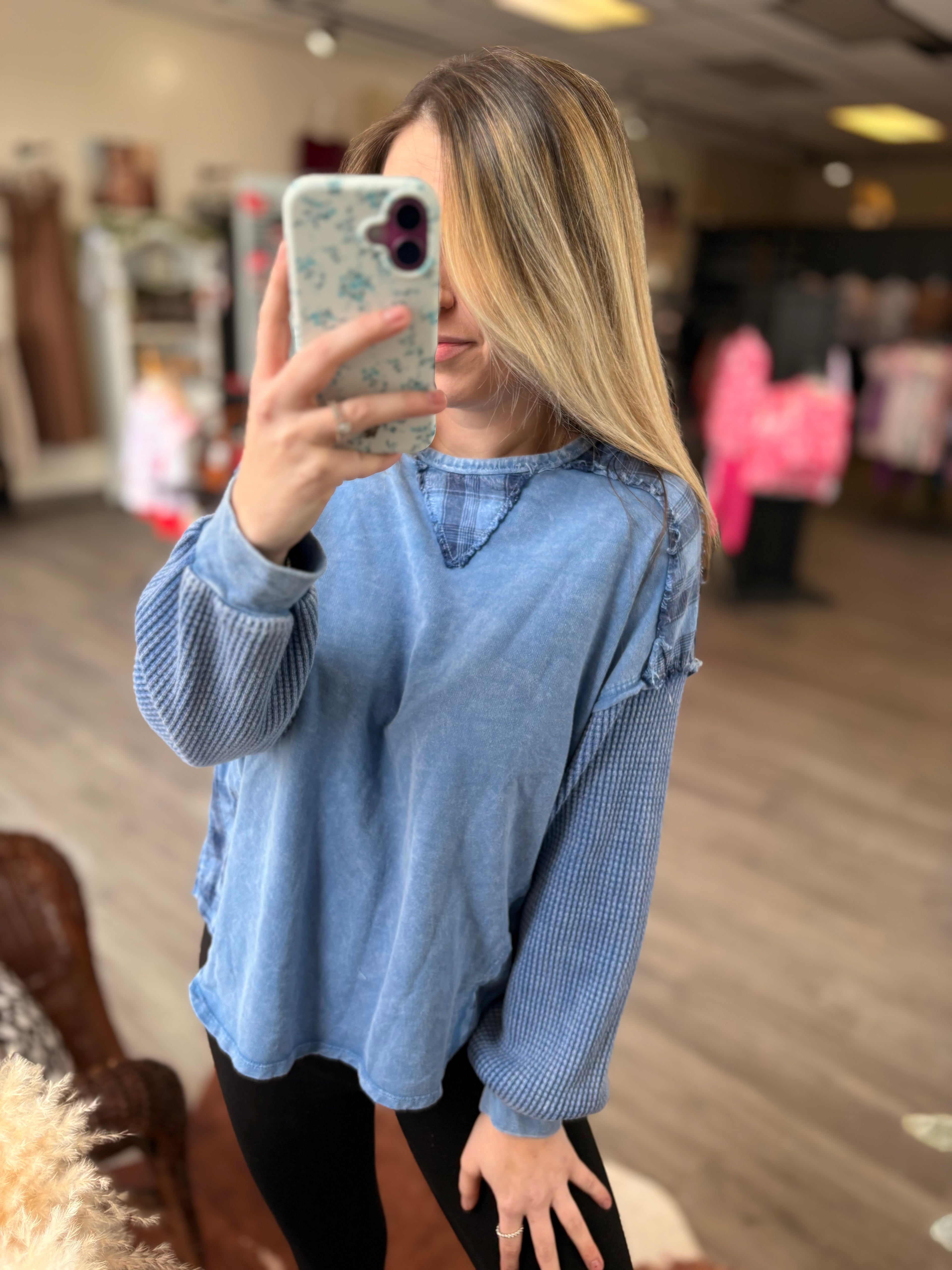 Mineral Washed Blue Plaid Sweatshirt