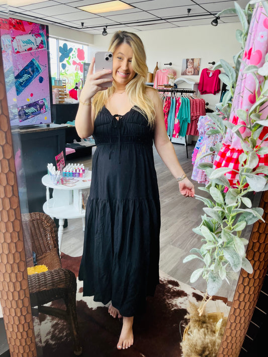 Shirred Waist Midi Dress with Front Tie