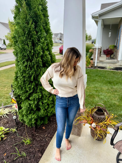 Colorblock Mock Neck Sweater- Ivory