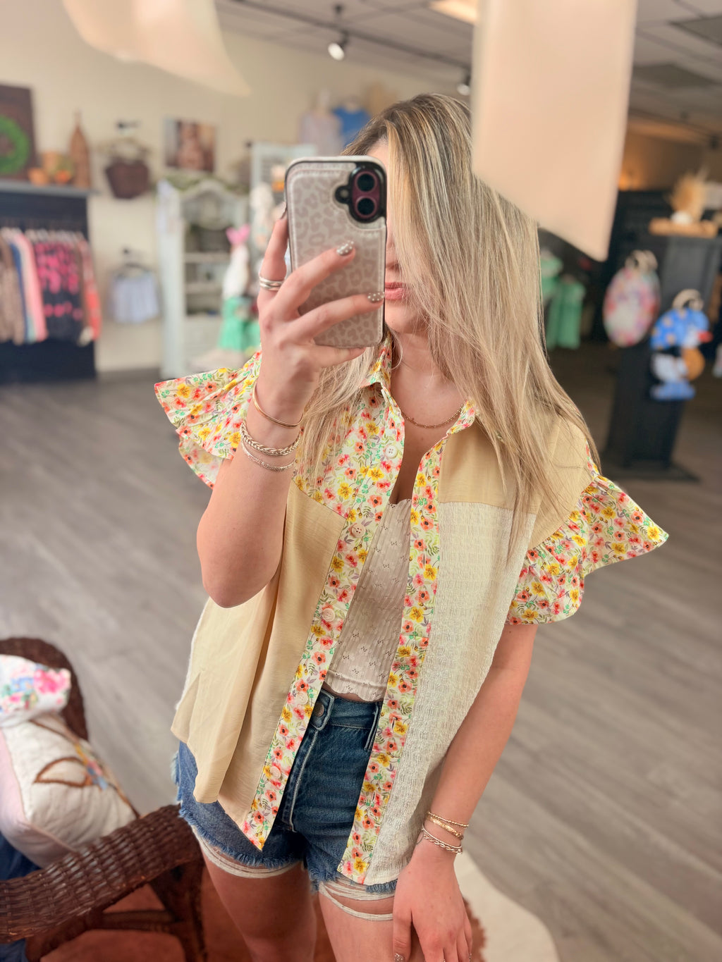 Cream Short Sleeve Button Down Top