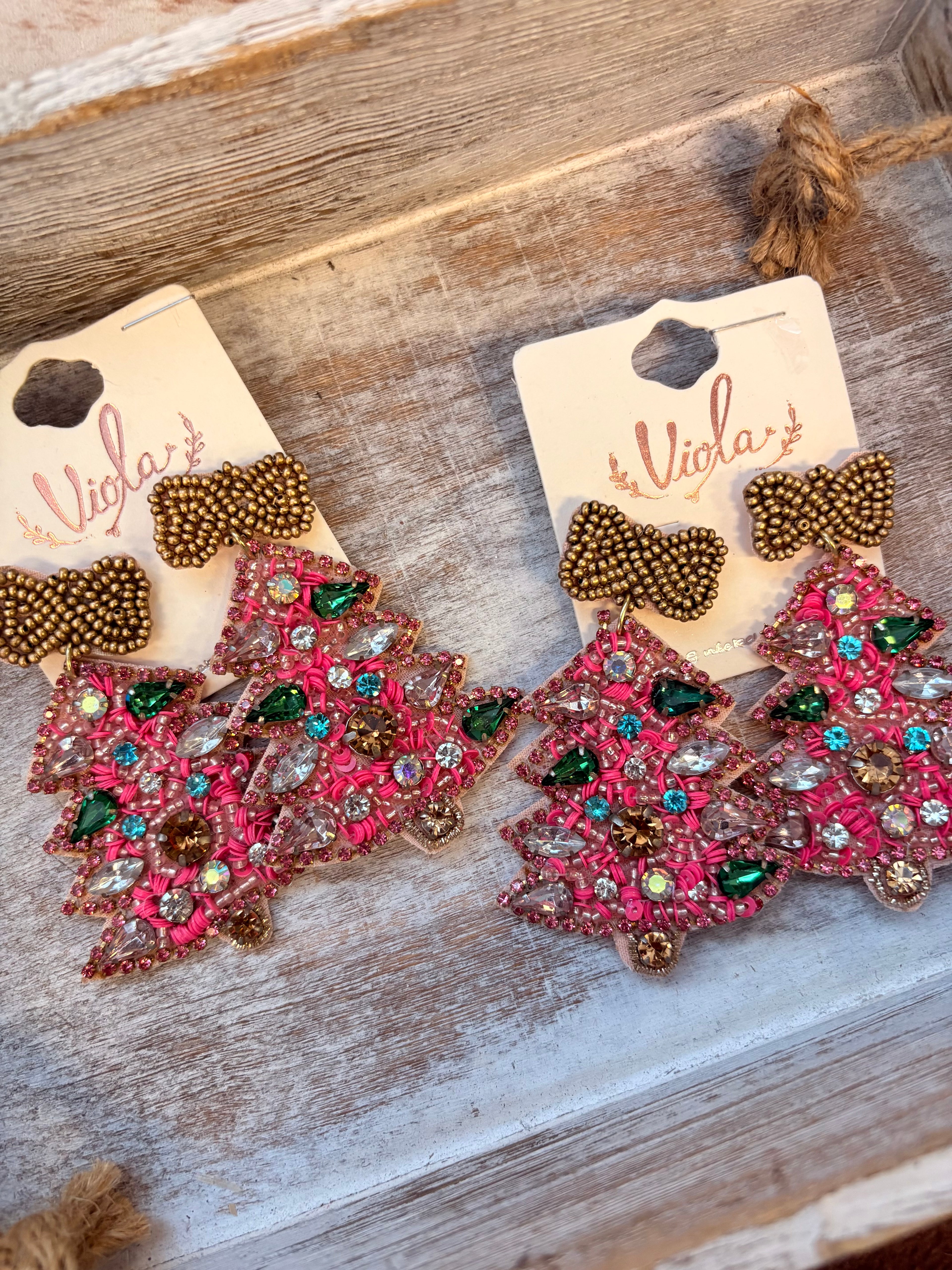 Pink Tree Sequin Christmas Earrings