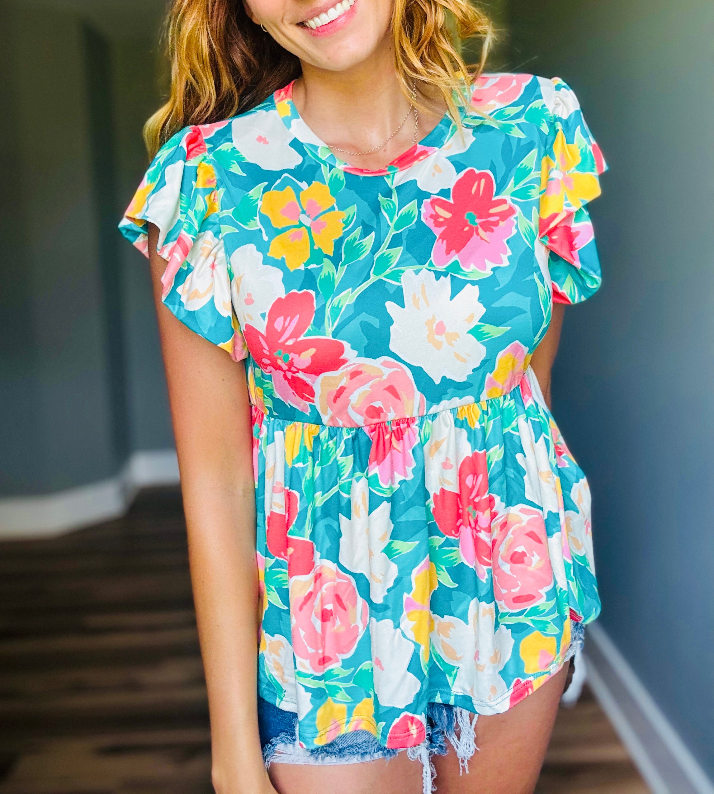 Mint Babydoll Floral Top W/ Folded Ruffle Sleeve
