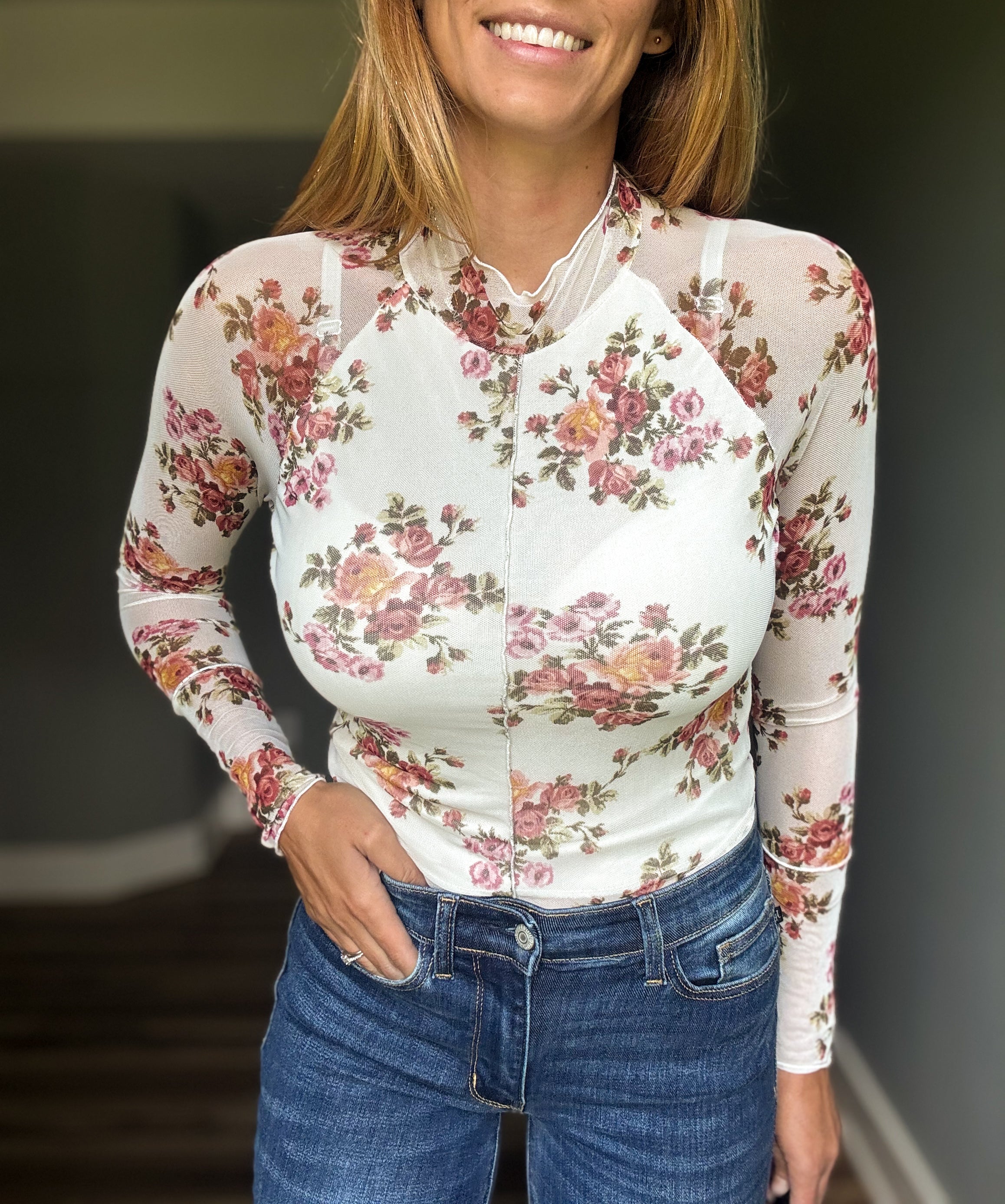 Floral Print Mesh Top