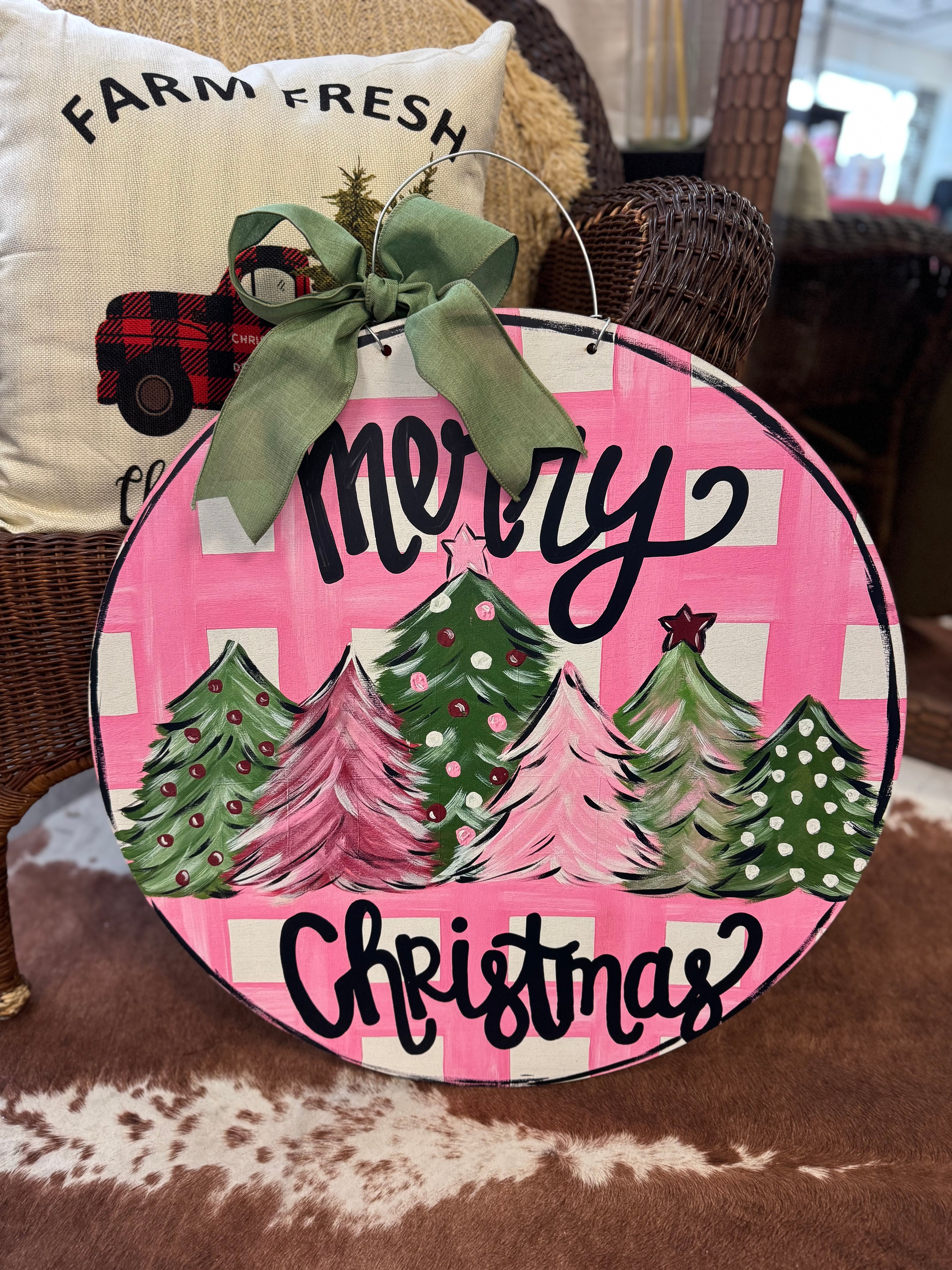 Merry Christmas Door Hanger- Pink Check