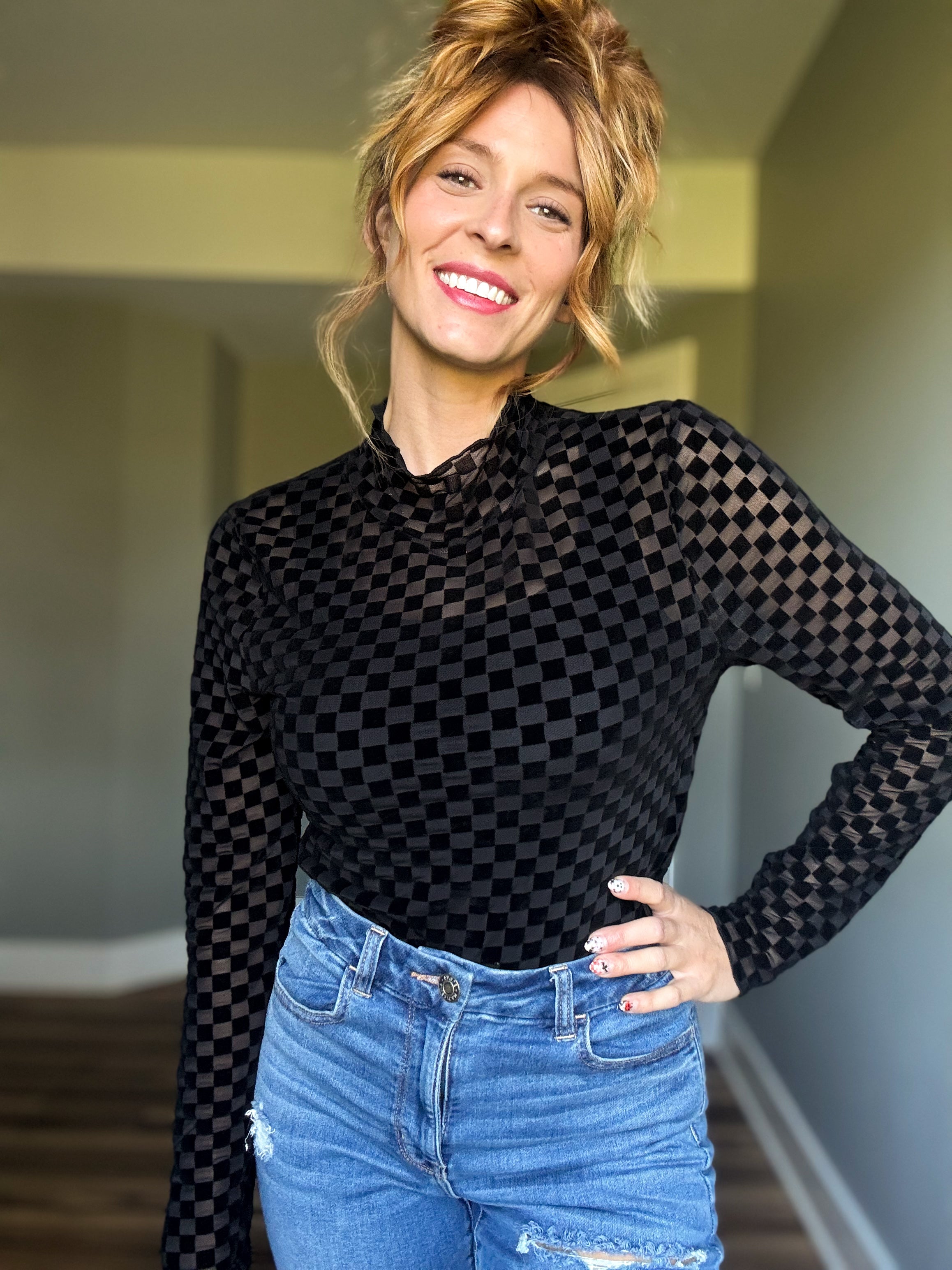 Checkered Mesh Top- Black/Black