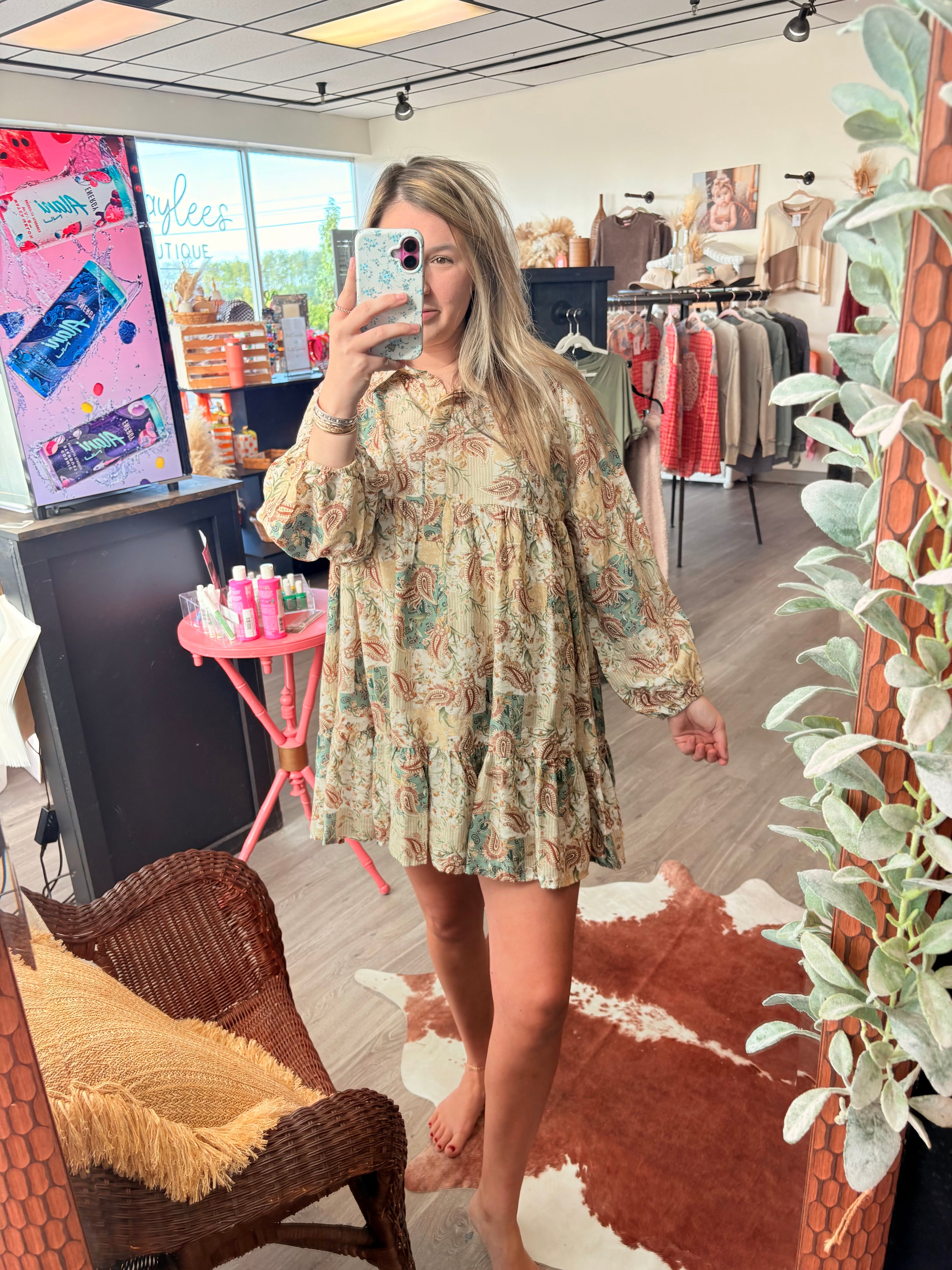 Floral Paisley Half Button Dress ~ Butterscotch/Ginger