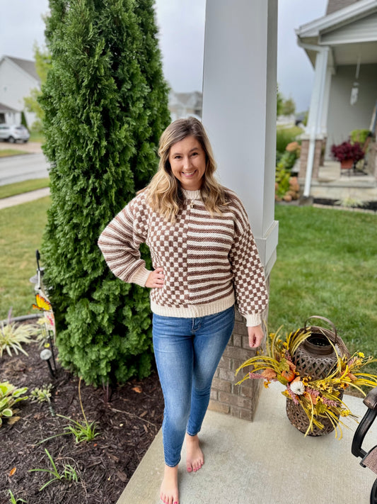 Stripes and Checks Sweater- Mocha