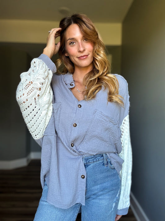 Blue Skies Button Down with Lace Sleeves
