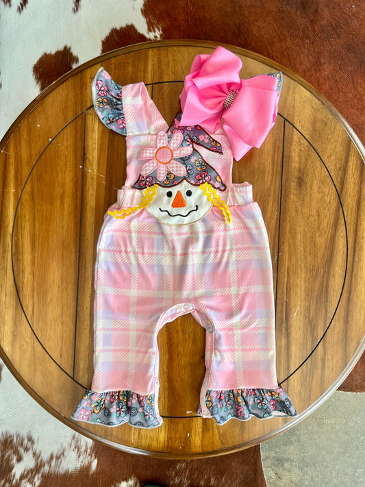 Pink Plaid Embroidered Scarecrow Romper