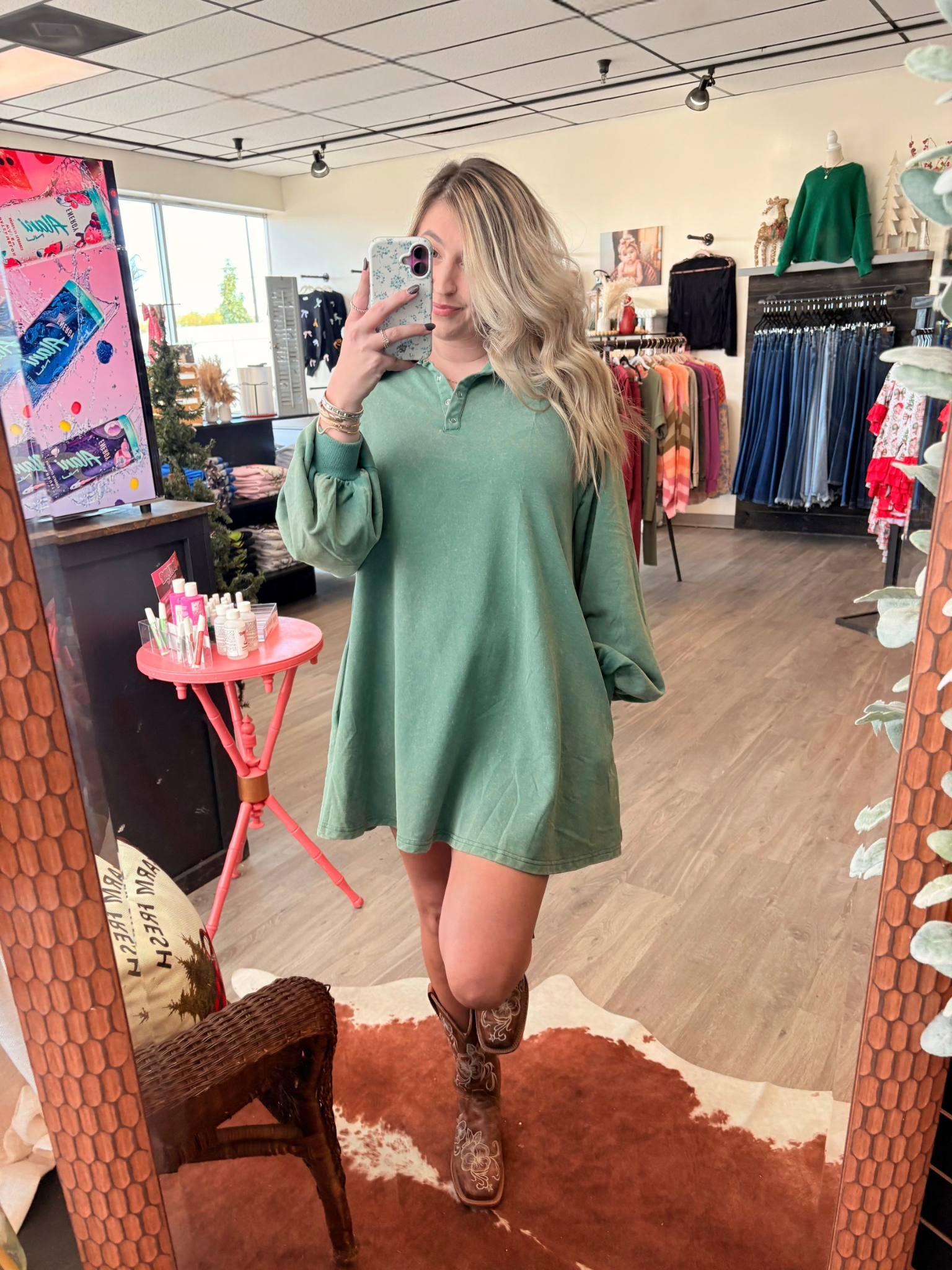 Knit 1/4 Button Down Dress- Sage