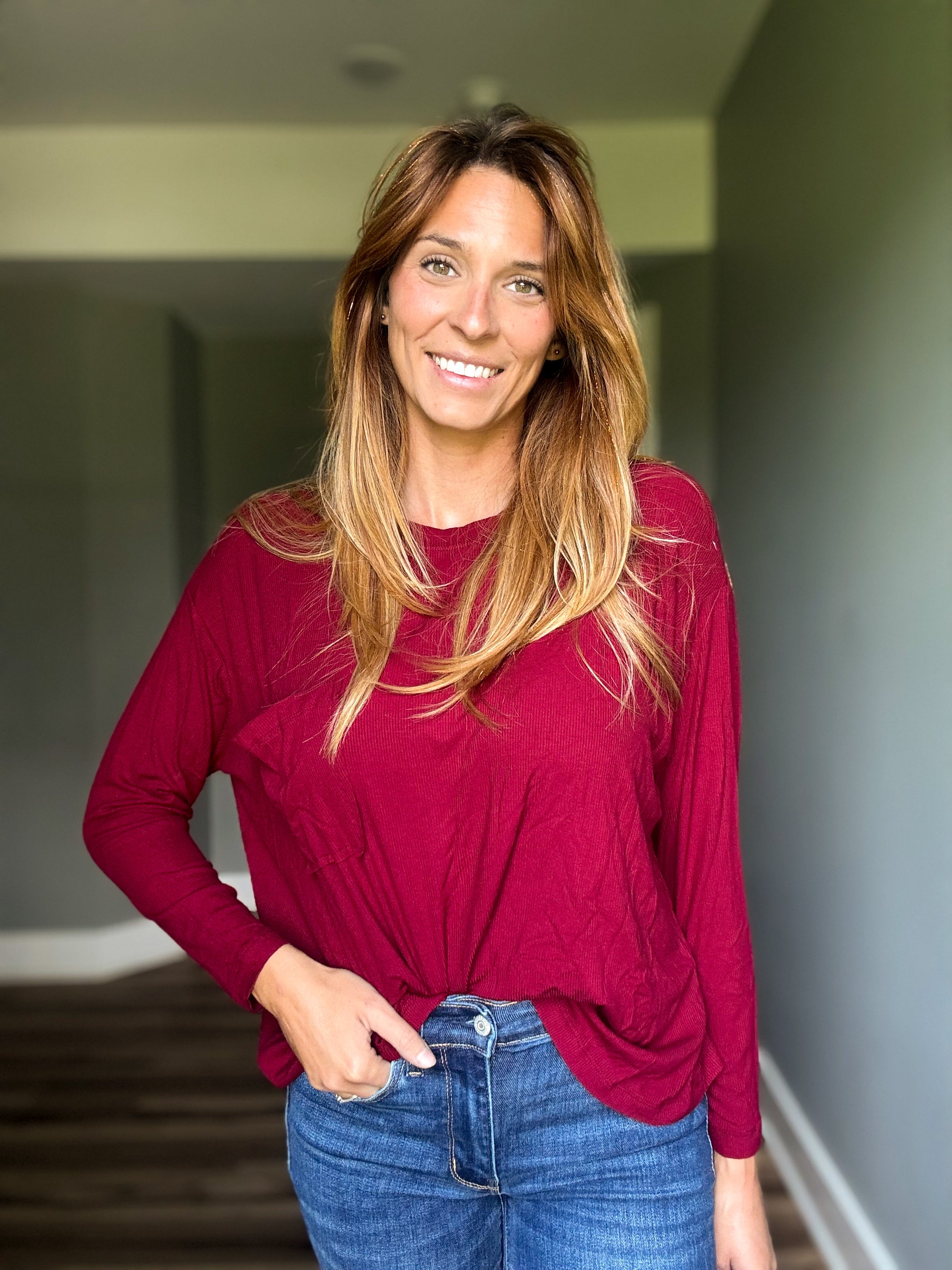 Ribbed Dolman Sleeve Top- Cabernet