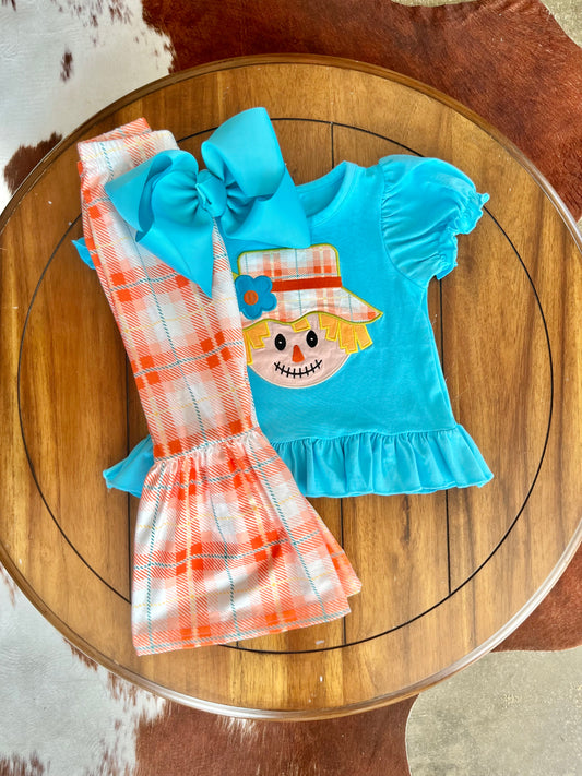 Turquoise & Plaid Embroidered Scarecrow Girl Set