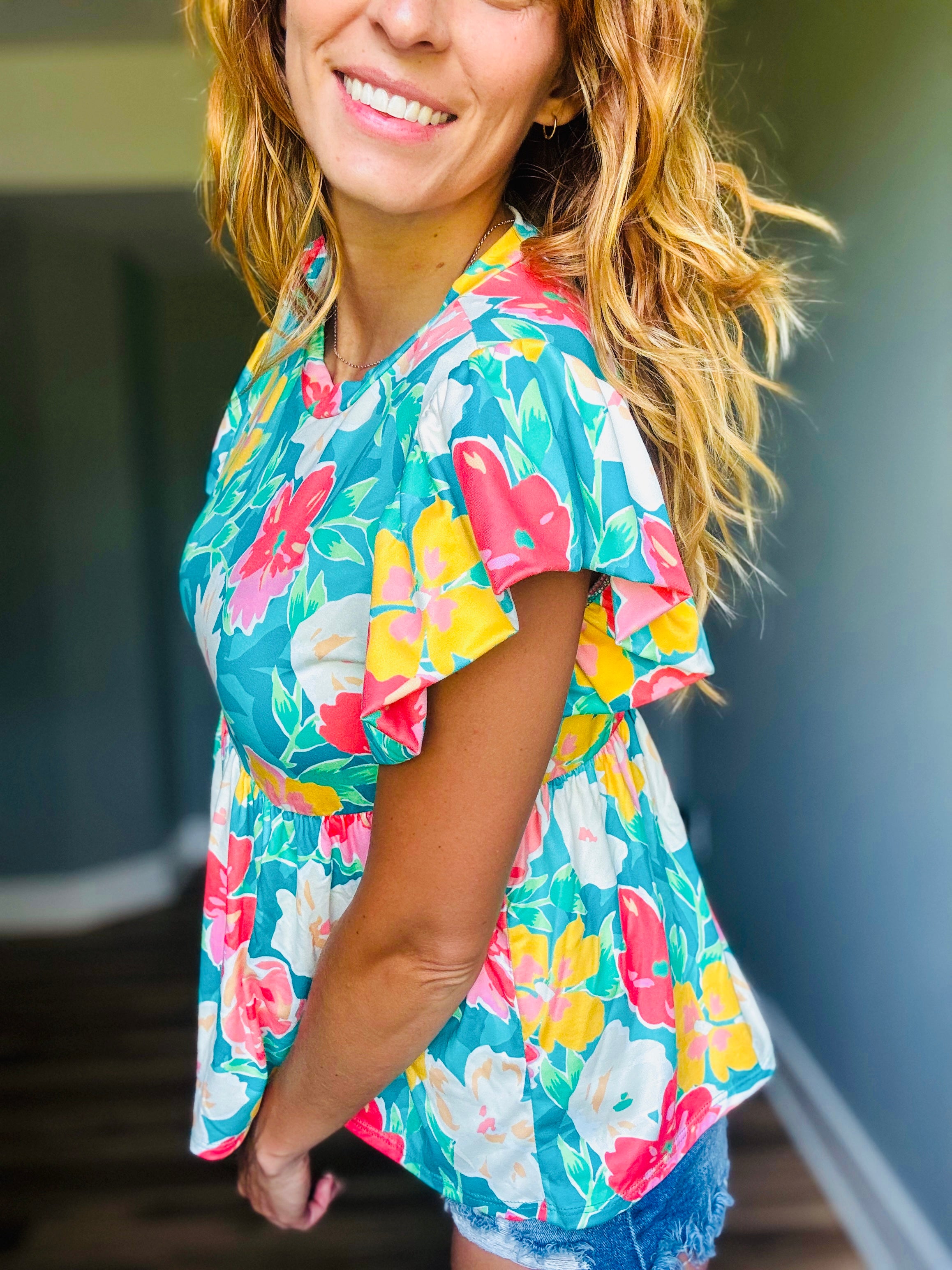 Mint Babydoll Floral Top W/ Folded Ruffle Sleeve
