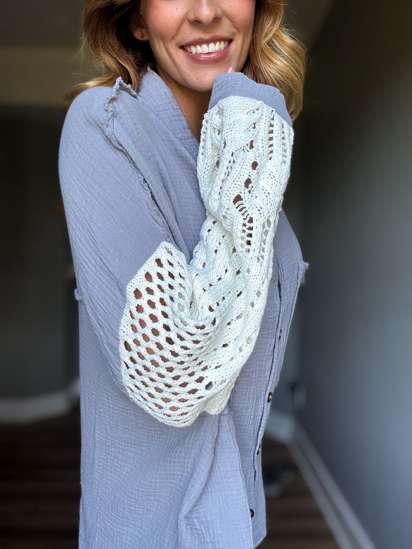 Blue Skies Button Down with Lace Sleeves